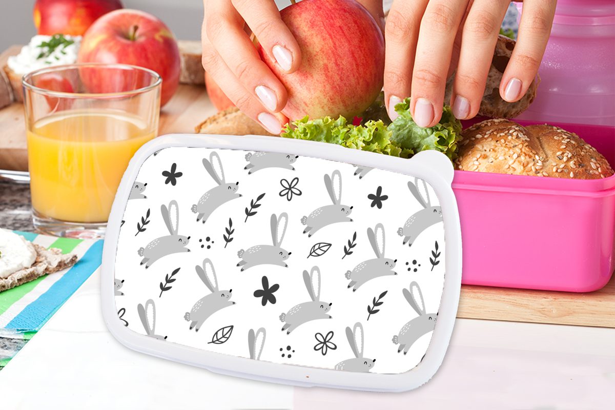 rosa - für Kunststoff Brotbox Snackbox, Tiere Erwachsene, (2-tlg), Brotdose Kinder, Kunststoff, Muster, MuchoWow - Mädchen, Lunchbox Hase