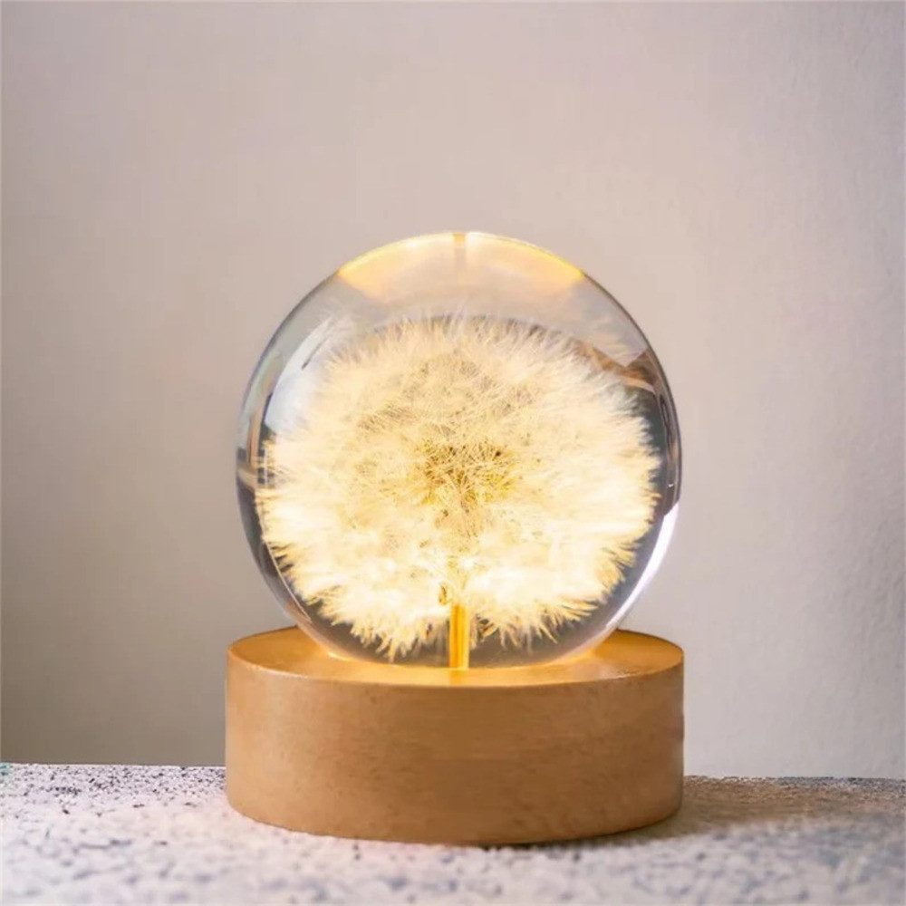 Little Lorien Nachtlicht Blume in kunstharz handwerk Kugel mit Holzsockel aus Buchenholz, Gelb
