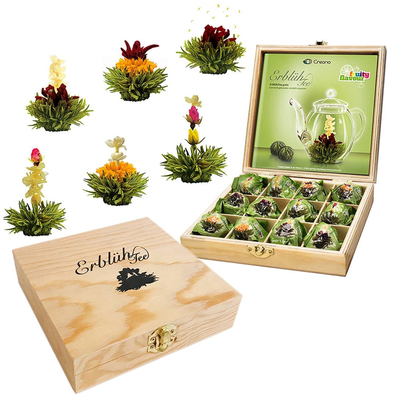 Creano Tee Holz Teekiste 12 Erblühtee 6 Sorten grüner Tee fruchtig aromatisiert, 1 x 1 St.