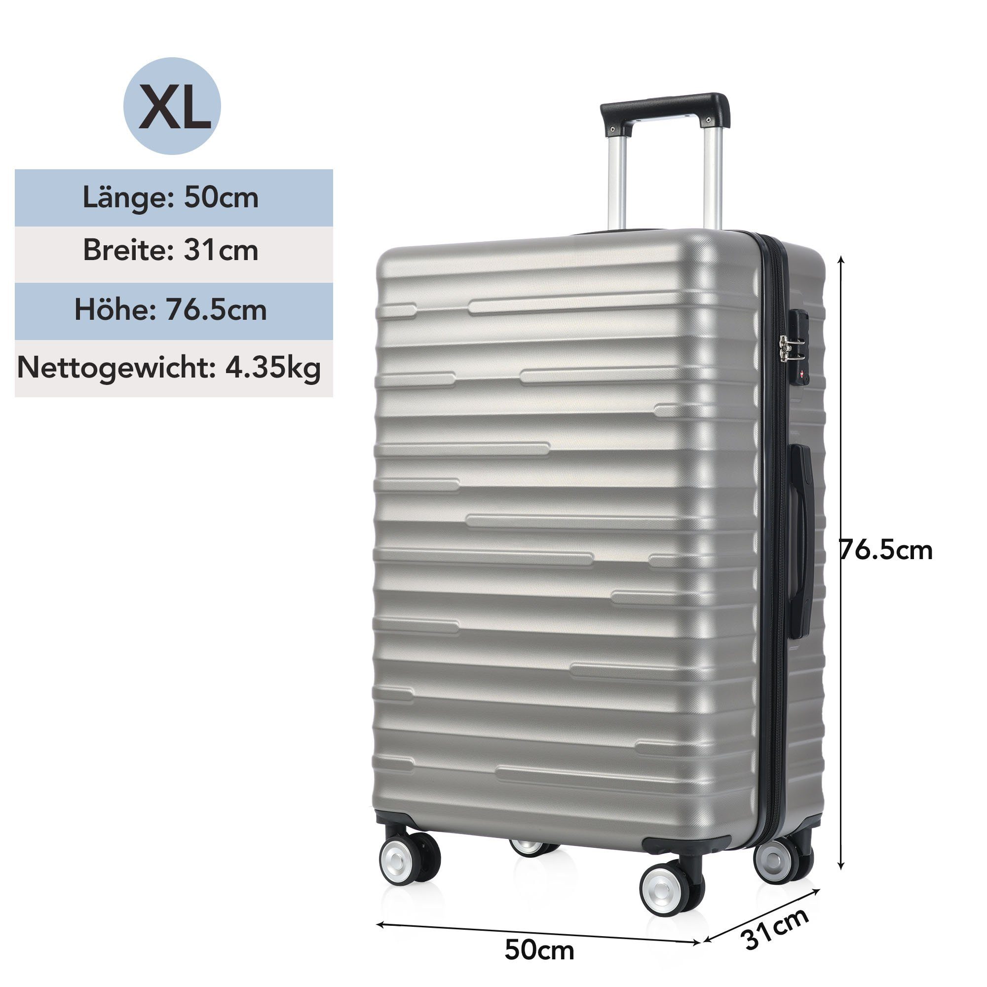 Ulife Hartschalen-Trolley Kabinenkoffer cm Rollen, wasserdicht, Grau TSA-Schloss - mit Rollen 4 50*31*76,5 XL Spinnerräder 4