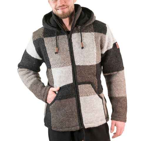 KUNST UND MAGIE Kapuzenstrickjacke Strickjacke Patchwork Wolle +abnehmbarer Kapuze Fleecefutter Hippie