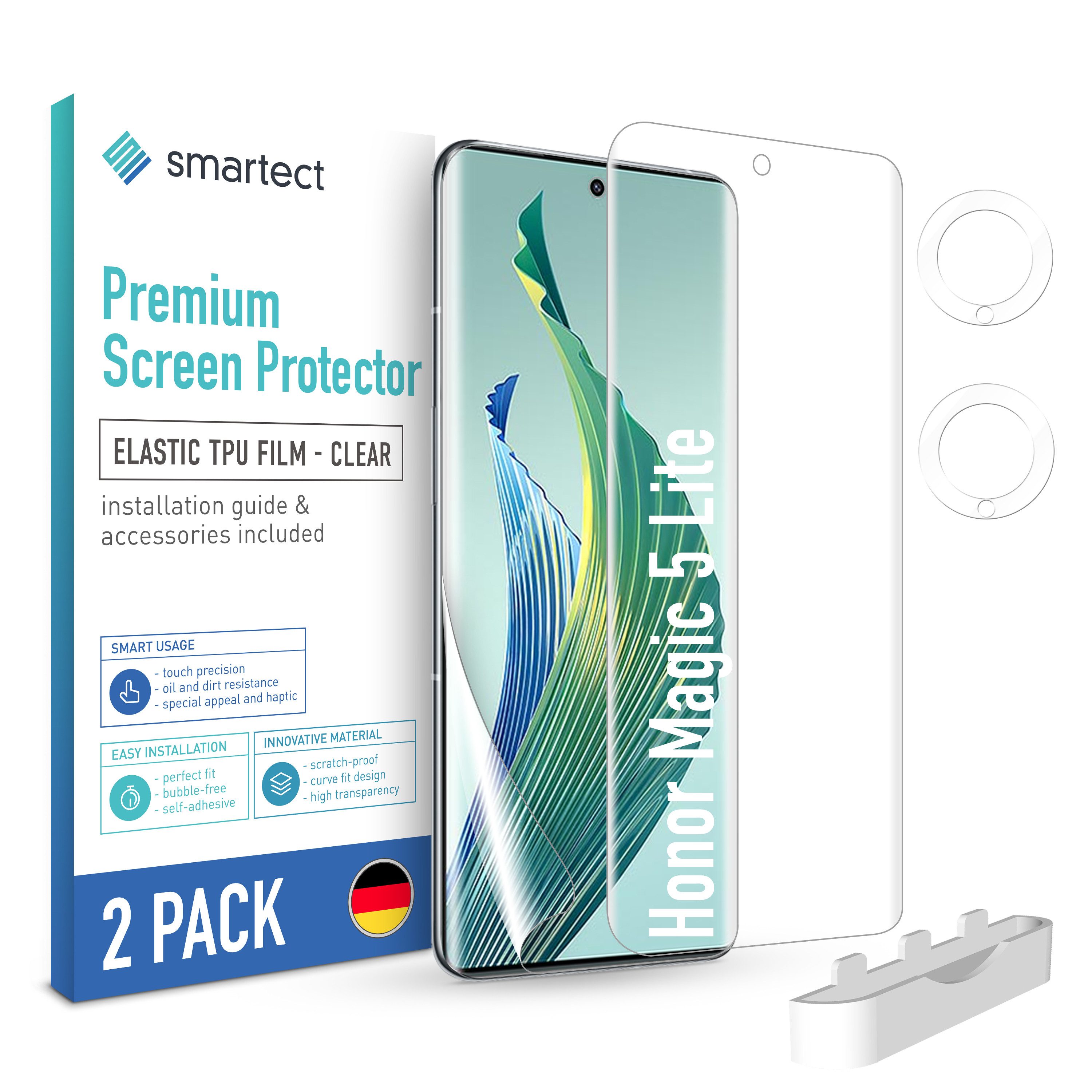 smartect Displayschutzfolie TPU Schutzfolie 2 + 2 Stück für Honor Magic 5 Lite (Display + Kamera) für Honor Magic 5 Lite, Set, 2 Stück, Ultra-klar, Kratzfest, Blasenfrei, Oleophob, Fingerabdruck kompatibel