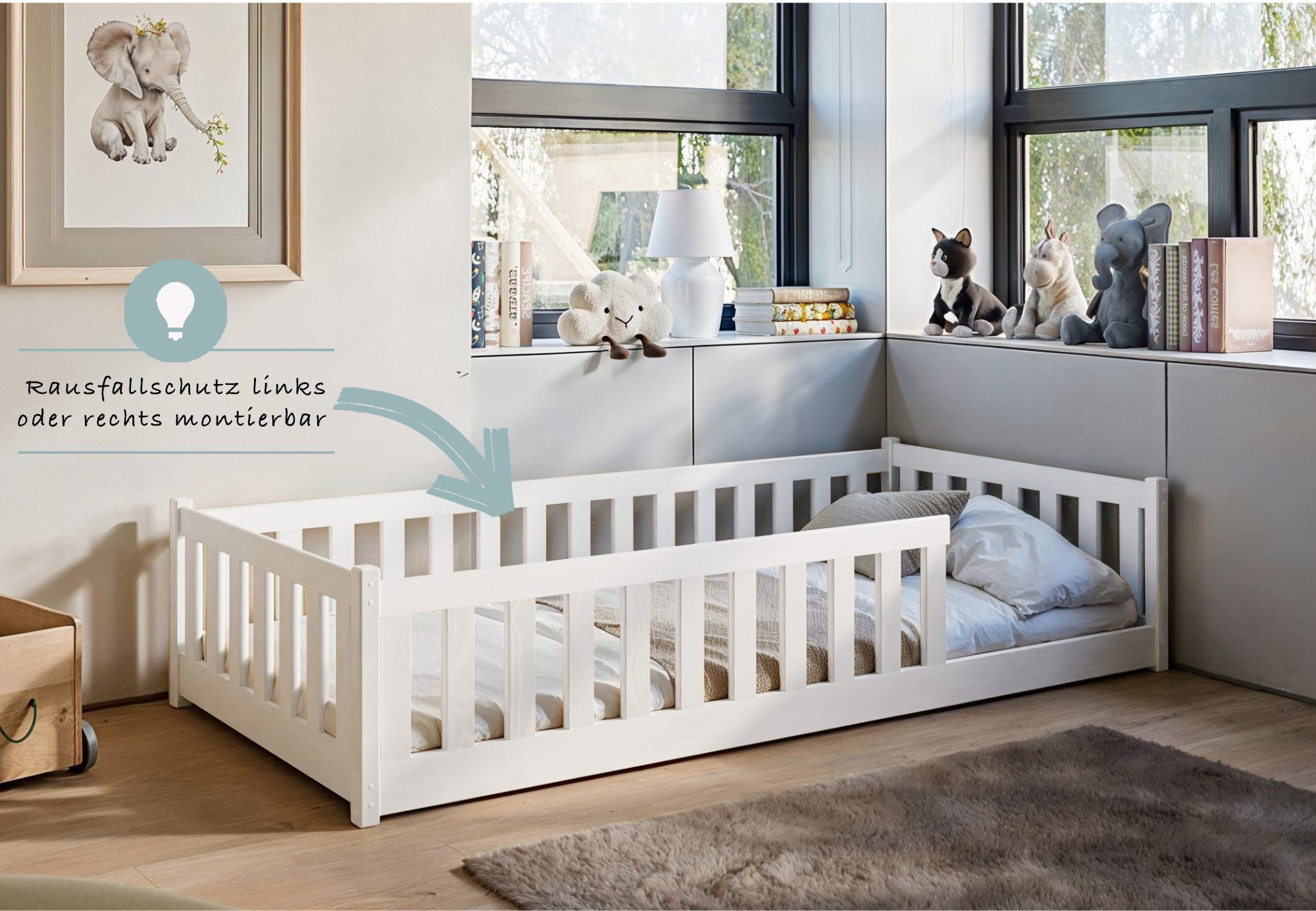 Kids Collective Kinderbett Bodenbett Bett mit Rausfallschutz & Lattenrost Montessori Bett Kinder (weitere Größen 80x160, 90x200, 120x200, 140x200 cm), Jugendbet – Bild 5 von 5