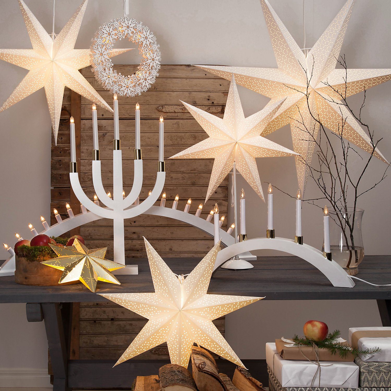 STAR TRADING LED Stern Papierstern Leuchtstern Faltstern 7zackig hängend 70cm m. Kabel creme