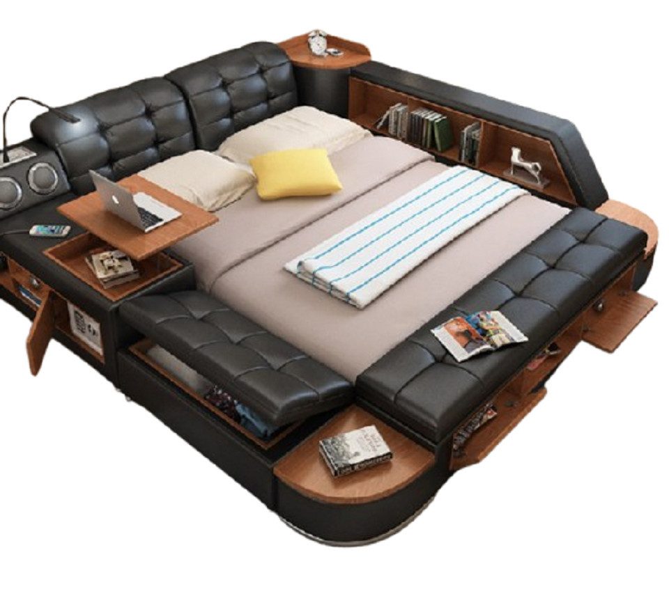 Xlmoebel Multimediabett Elegantes Polsterbett aus Leder mit Stauraum und Ablageflächen (1-tlg., Multifunktions Bett), Hergestellt in Europa
