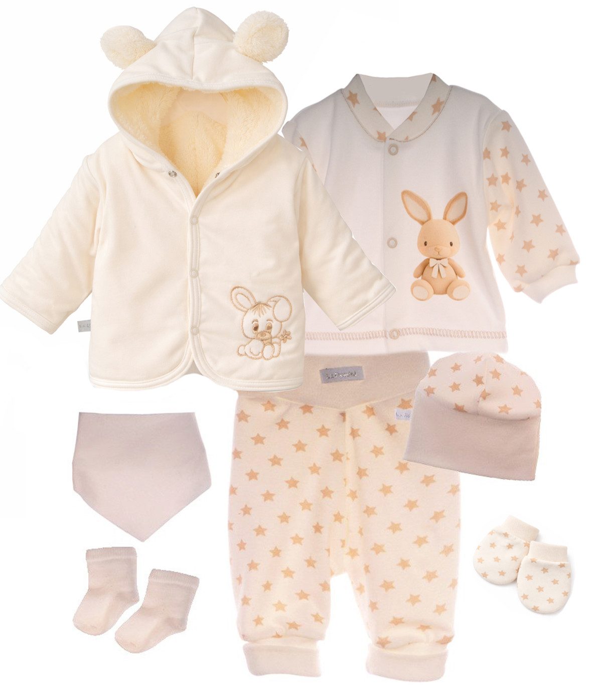 Erstausstattungspaket Baby Anzug Jacke Hose Hemdchen Mütze Socken Fäustlinge Sabbertuch