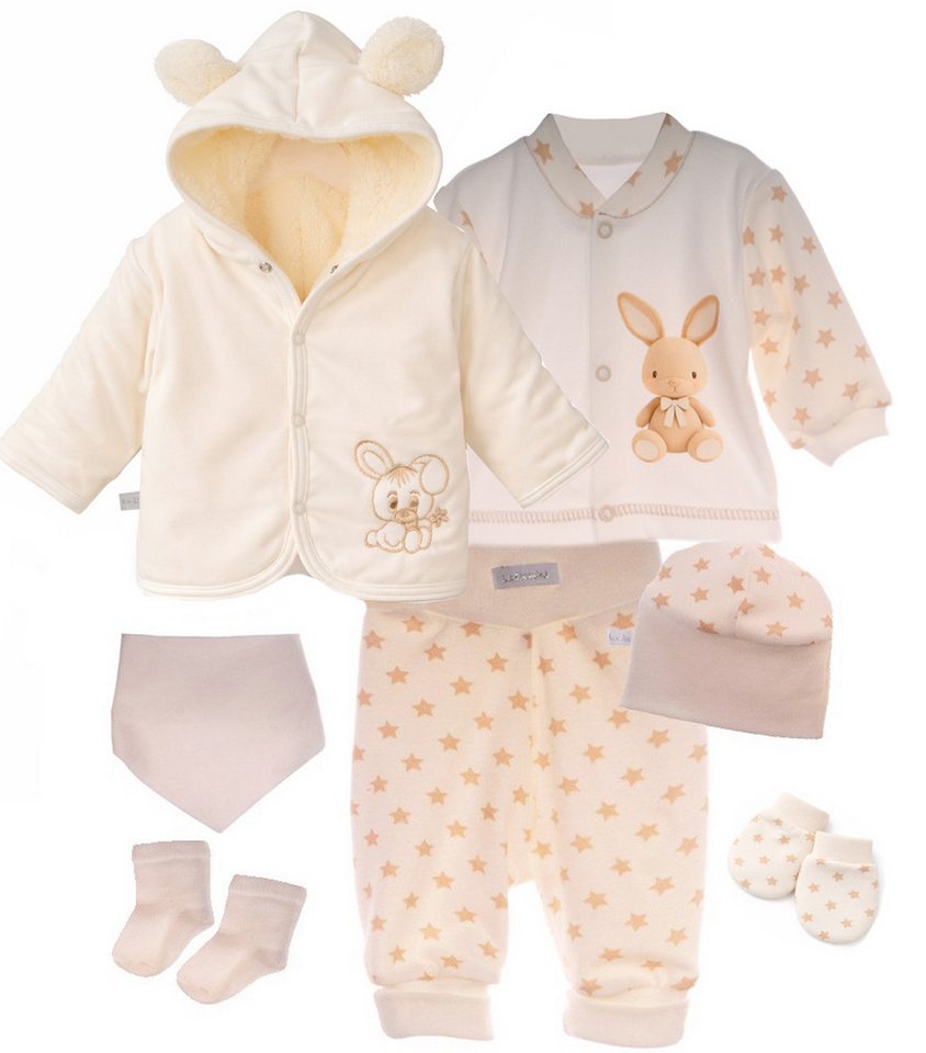 La Bortini Erstausstattungspaket Baby Anzug Jacke Hose Hemdchen Mütze Socken Fäustlinge Sabbertuch (Set 7-teilig, Erstlingsset für Neugeborene Jungen und Mädchen, Mitwachshose, Haube, Anorak, Lätzchen, Shirt, Strümpfe, Handschuhe)