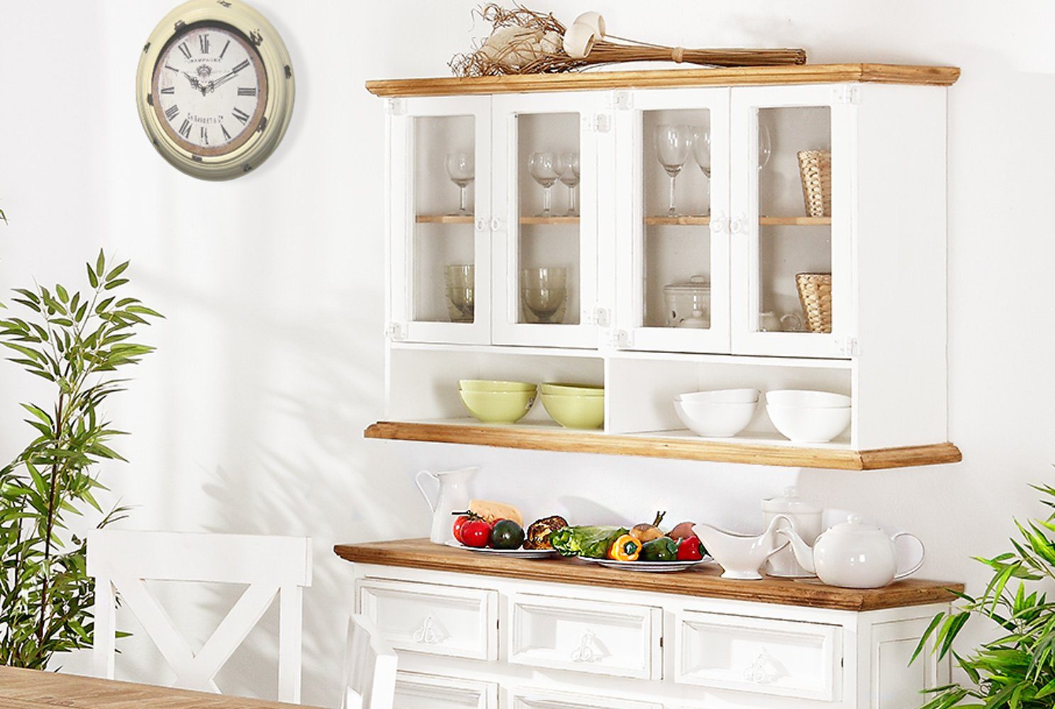 1a Direktimport Küchenbuffet Hängevitrine Hängeschrank - Pinie weiß natur Massivholz - Landhausstil