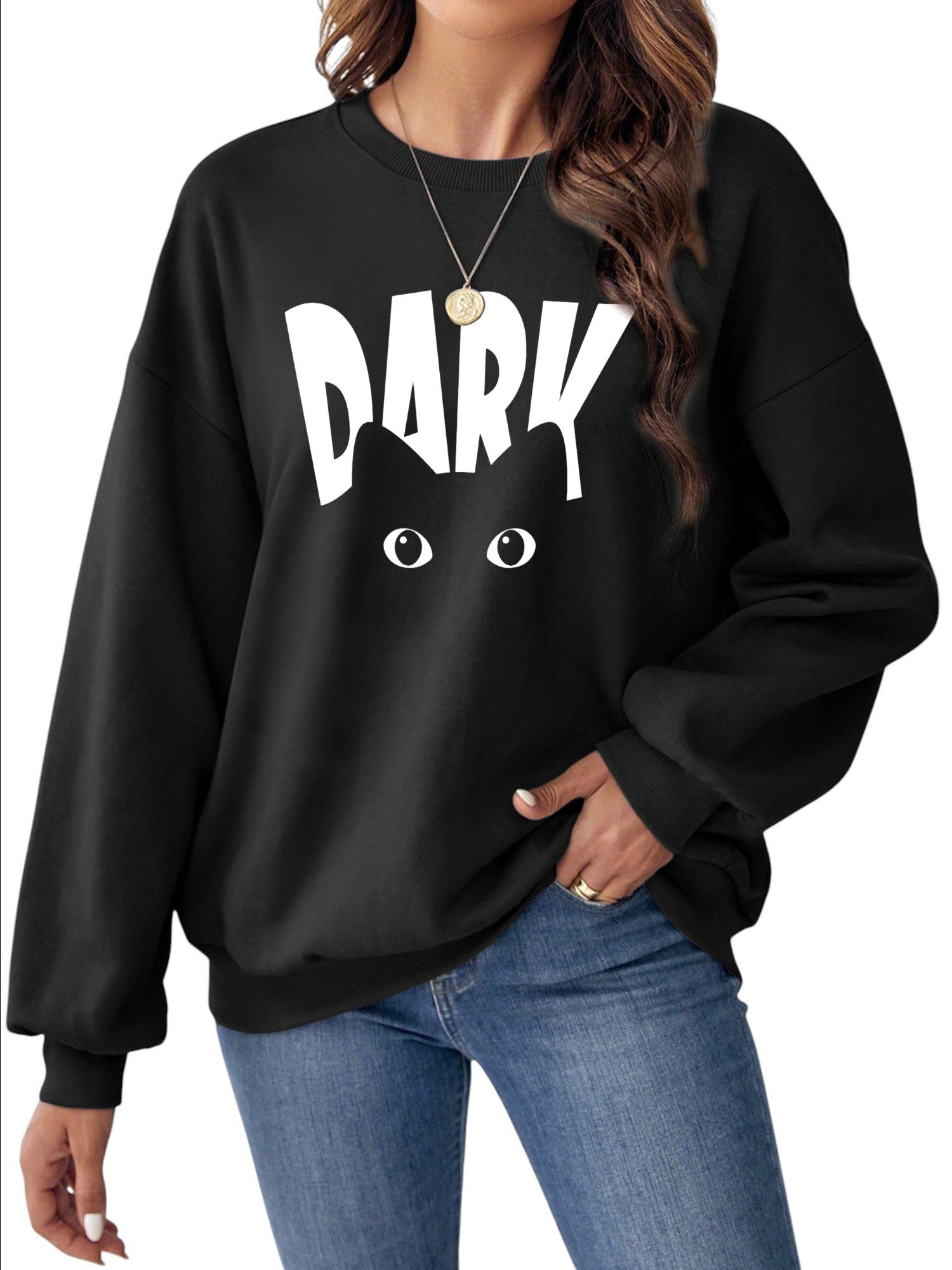 PYLIKE Rundhalspullover Damen Pullover mit Schwarze Katze Print für Herbst günstig online kaufen
