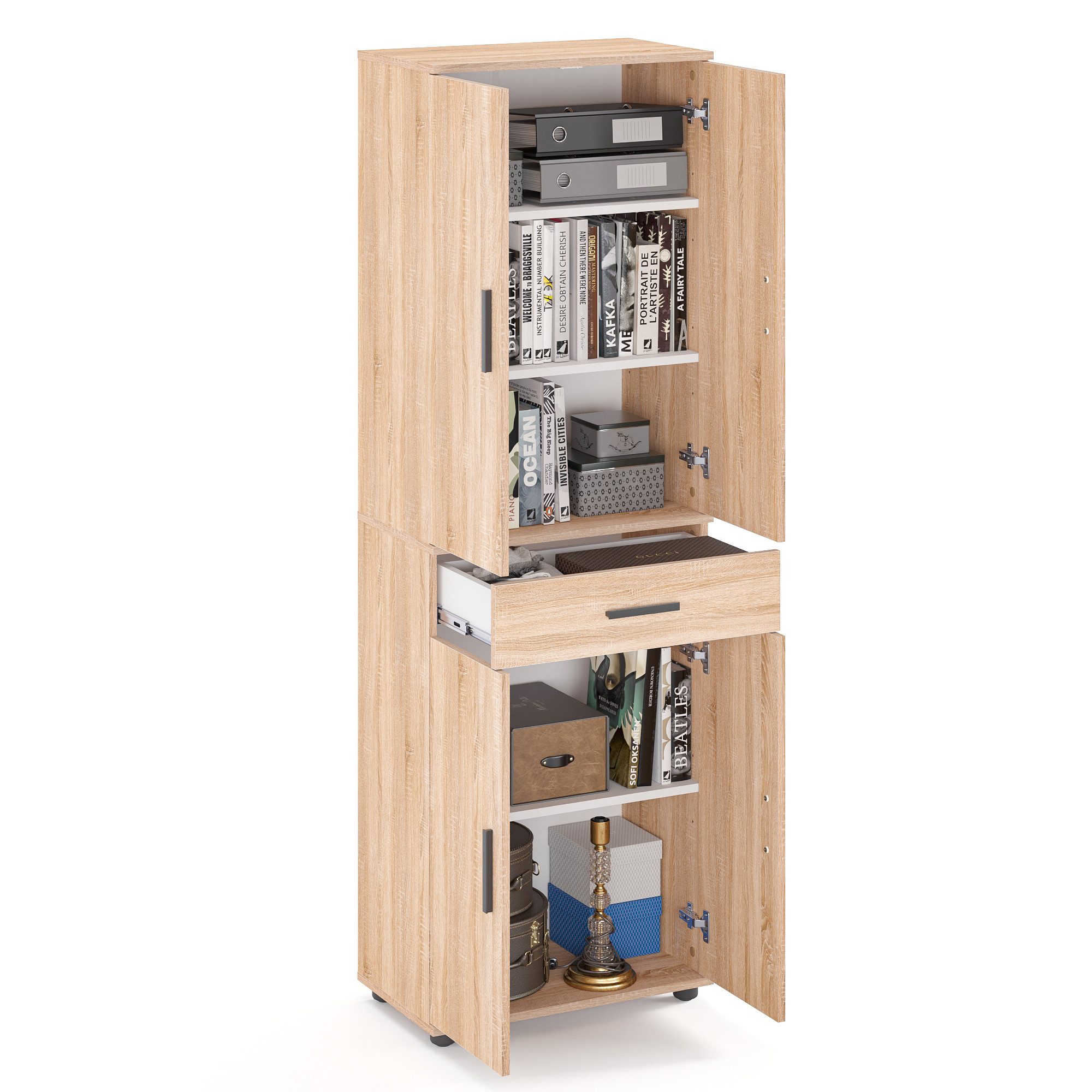 KOMTO Kleiderschrank Porto 180 Mehrzweckschrank Schrank, Kleiderschrank mit 1 Schublade Hochschrank, Büroschrank, Bücherschrank mit 4 Türen 180х34х60 cm