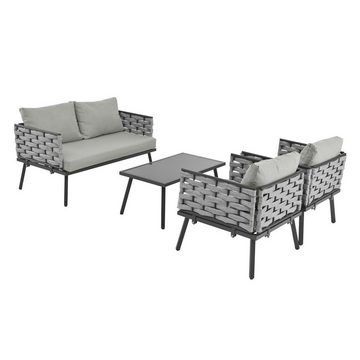 FUROKOY Gartenlounge-Set Gartenmöbel Sofa 4-Sitzer mit Tisch &Kissen,Tischplatte aus Glas, (Sitzgruppe für Garten mit verzinktem Stahlgestell, (4-teiliges Esstisch-Set, 1 2-Sitzer-Sofa, 2 Einzelstühle, 1 Tisch), Ecksofa Gartengarnitur Garten Balkon Terrasse Outdoor