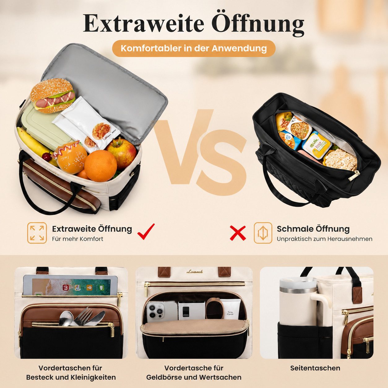 Diwzbyn Lunchbox Lunchbag Damen Isoliert, Auslaufsicher, Große Öffnung, Mit verstellbarem Schultergurt für Arbeit, Picknick & Reise – Bild 4 von 5