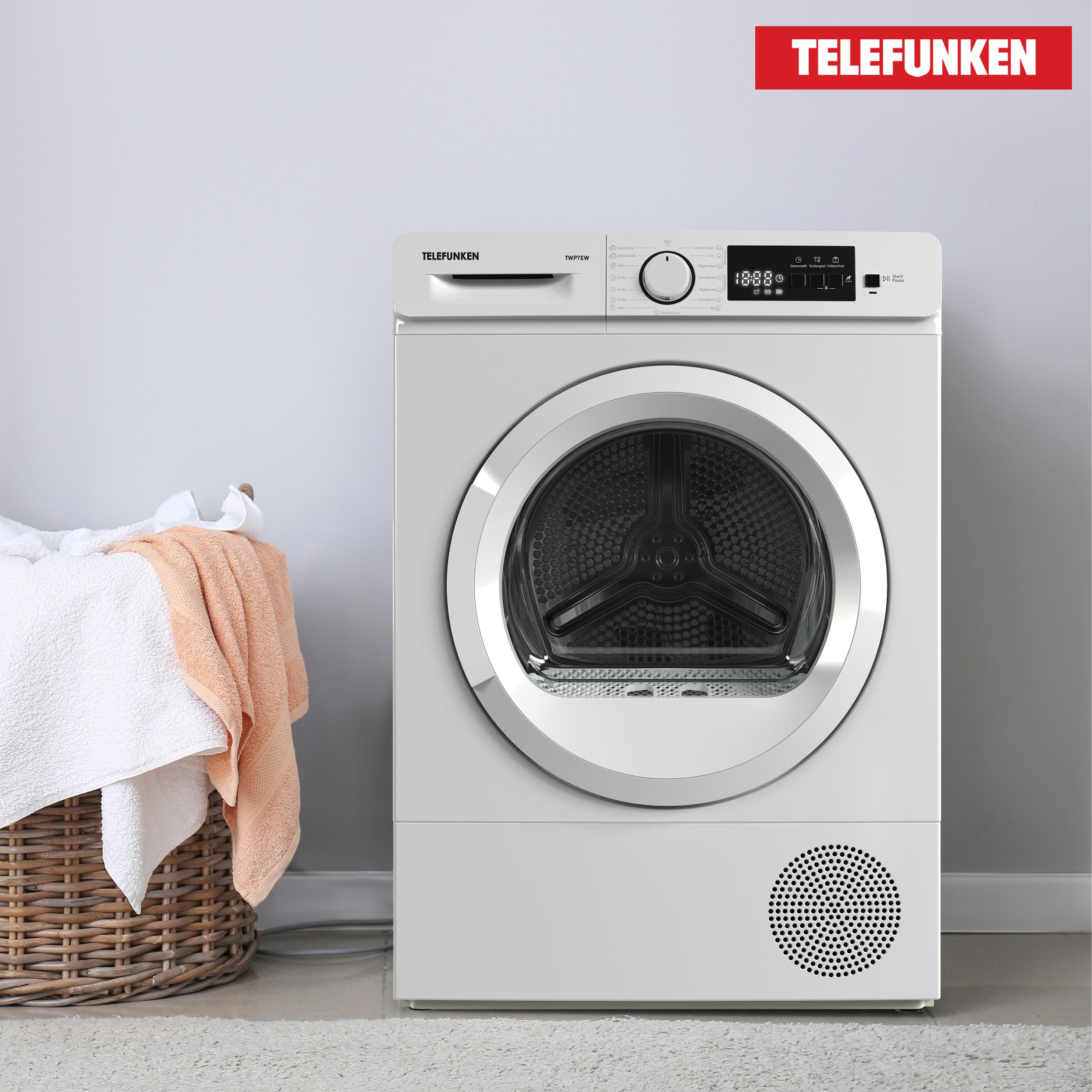 Telefunken Wärmepumpentrockner TWP7EW, 7kg Trockner mit Knitterschutz, Wäschetrockner mit 15 Programmen, weiß