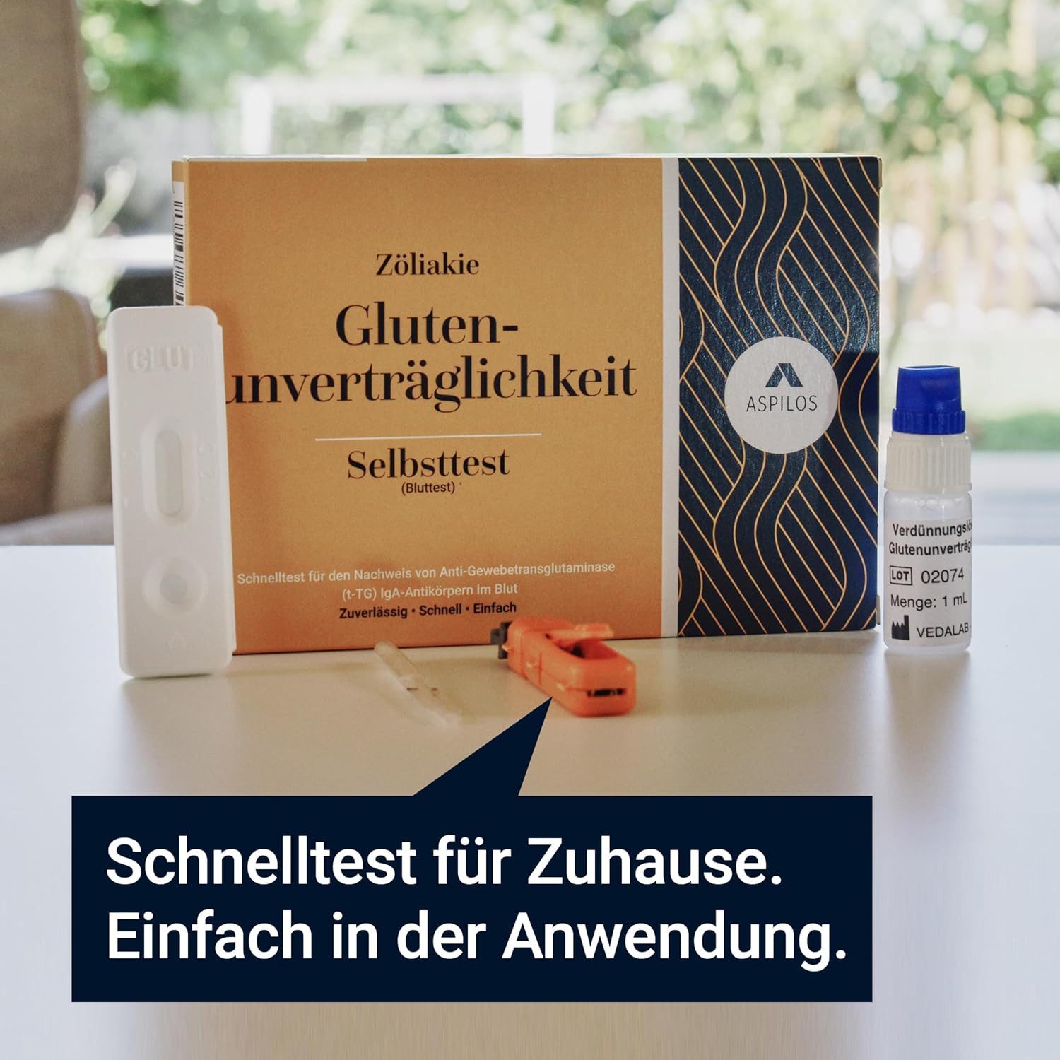 ASPILOS Hämoglobin-Schnelltest Glutenunverträglichkeit Selbsttest für Zuhause in 15 Minuten, Bluttest, selbst durchführbar, Anti-t-TG-IgA-Antikörper, 1-tlg., Glutenstatus, Zöliakie Test, Unverträglichkeiten, medizinischer Test