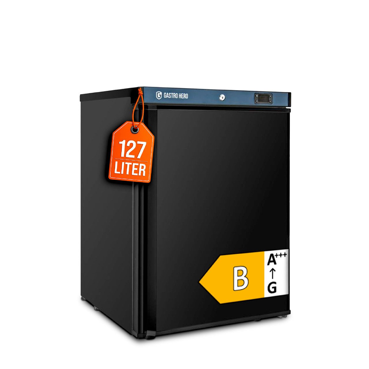 GastroHero Gefrierschrank Lagertiefkühlschrank ECO 200 Schwarz 127 Liter Umluftkühlung LTSE200B, 83.5 cm hoch, 60 cm breit, platzsparende Tiefkühllösung für Bars, Cafés und Profiküchen