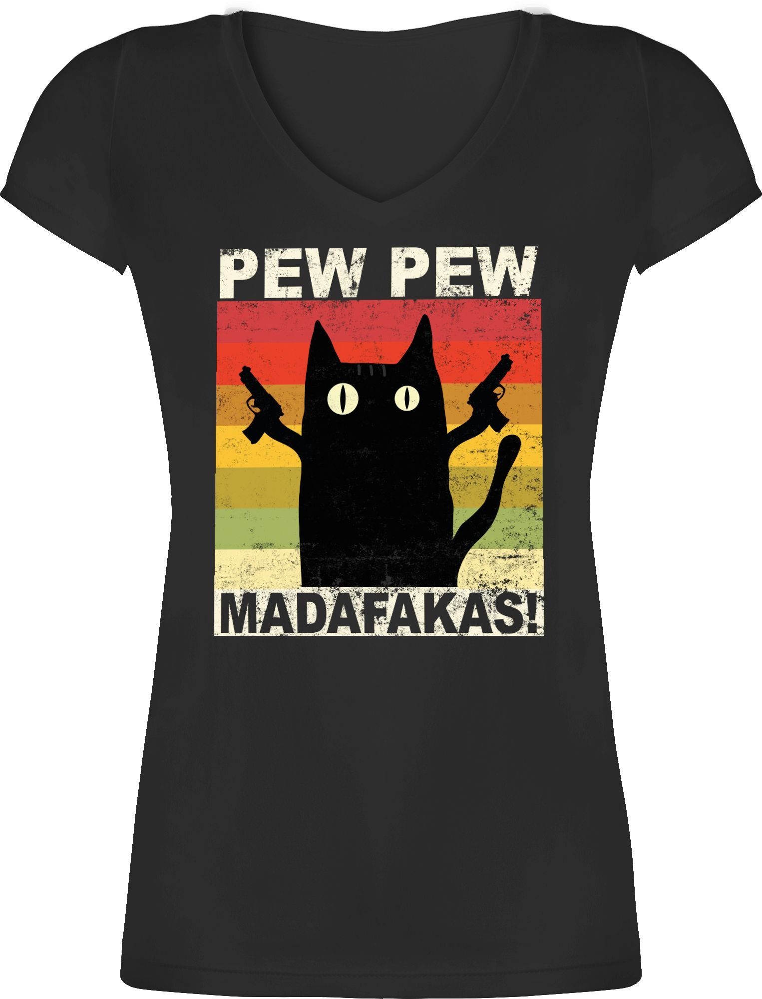 Damen Shirts Shirtracer T-Shirt Pew Pew Madafakas Katze Vintage hell - Sprüche Statement mit Spruch - Damen T-Shirt mit V-Aussch
