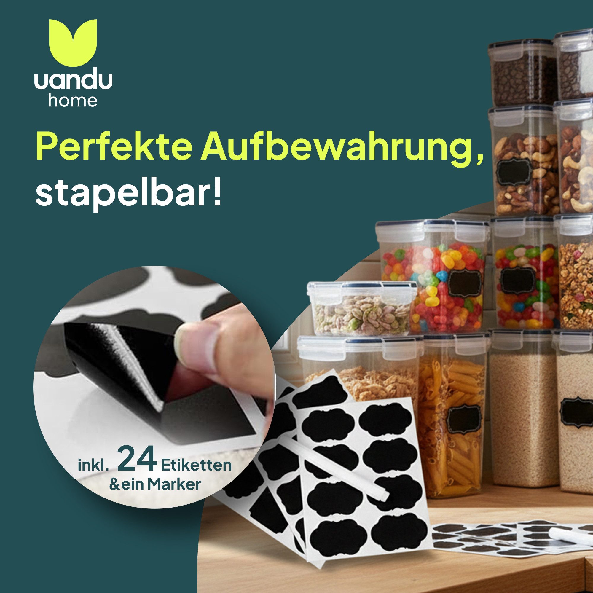 uandu home Frischhaltedose Frischhaltedosen mit Deckel, Vorratsdosen mit Deckel Luftdicht Set, (24er Frischhaltedosen Set, 800ml, 1400ml, 2000ml), Frischhaltedosen Set, Meal Prep Boxen, BPA Free Kunststoff