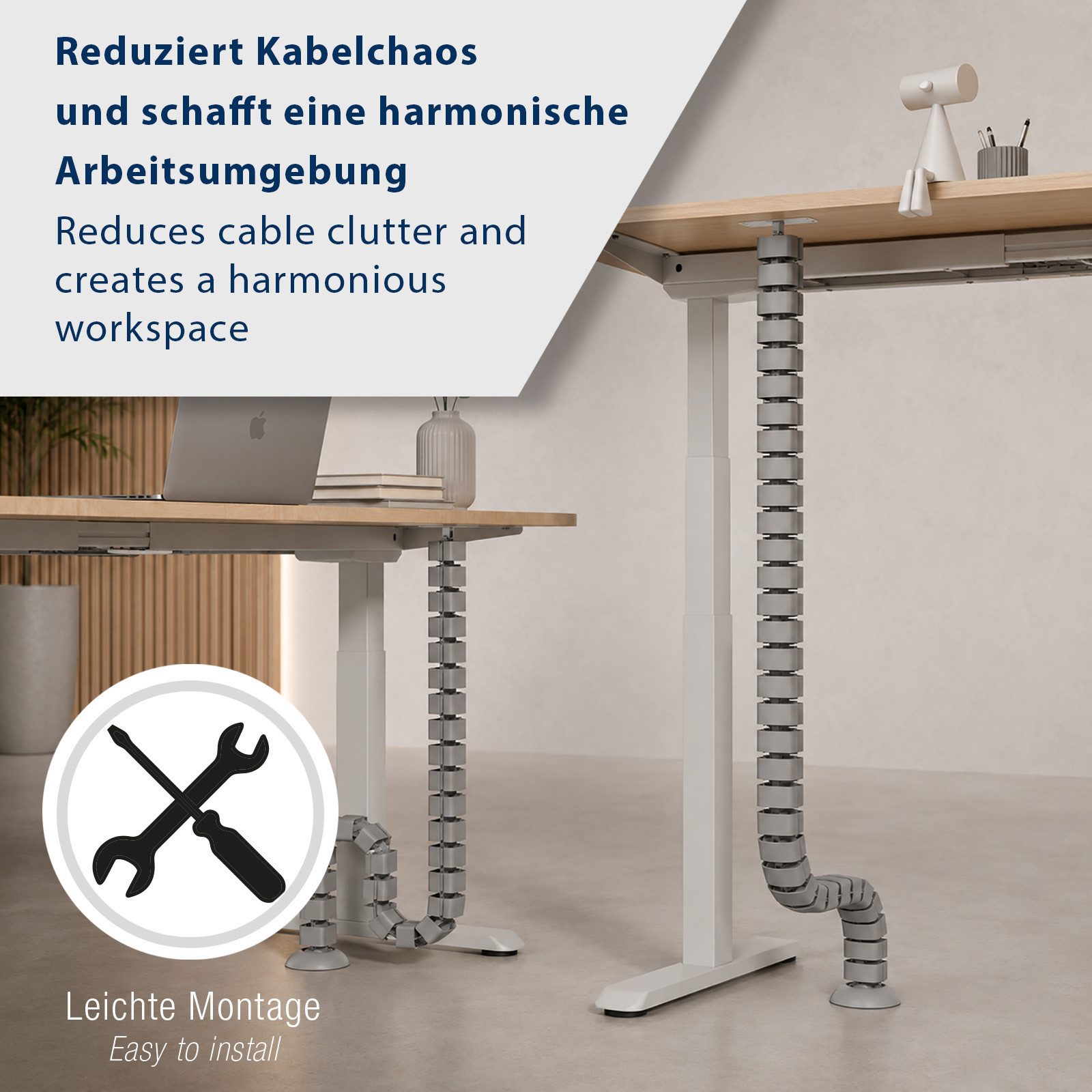 CAVO Kabelführung senkrecht, 27 Segmente, für Schreibtischhöhen bis 1300 mm (1-St), grau, ideal für höhenverstellbare Tischgestelle