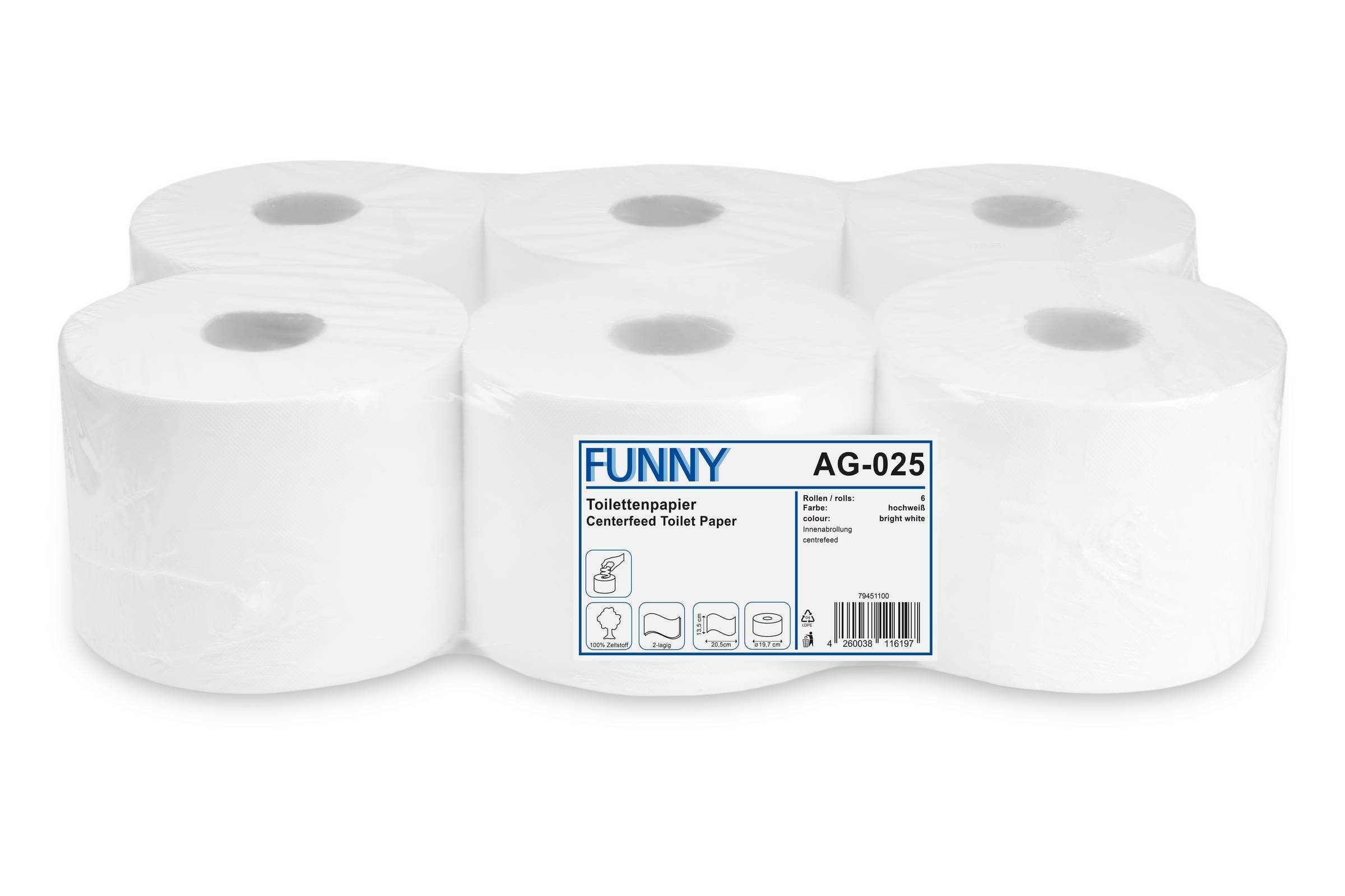 Funny Туалетная бумага Centerfeed Jumbo Rolle, kernlos, Zellstoff, Innenabwicklung, Ø 19,7 cm, 6 Rollen