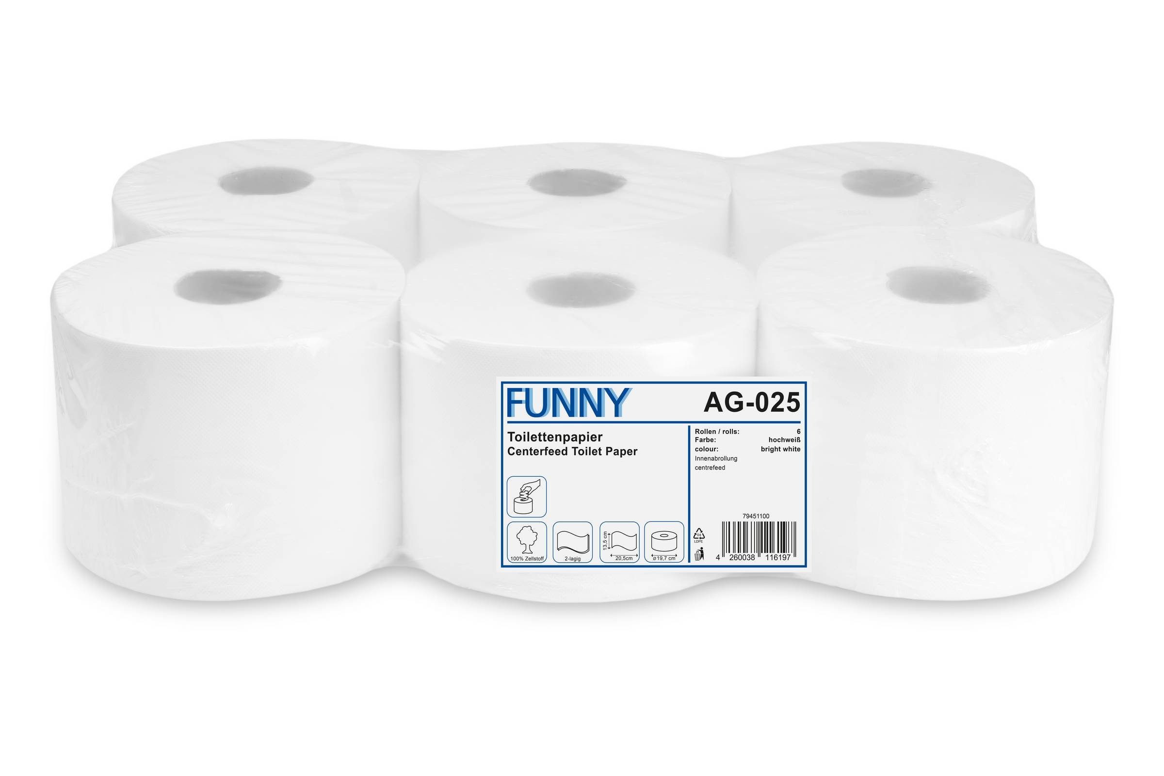 Funny Toilettenpapier Centerfeed Jumbo Rolle, kernlos, Zellstoff, Innenabwicklung, Ø 19,7 cm, 6 Rollen