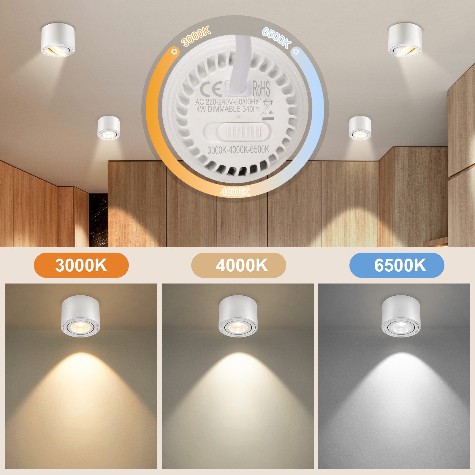 ZMH LED Einbaustrahler 4er-Set weiß 4W dimmbar schwenkbar Aufbauspot 3CCT Deckenspots, Schwenkbar, LED fest integriert, Aufputz-Deckenleuchte