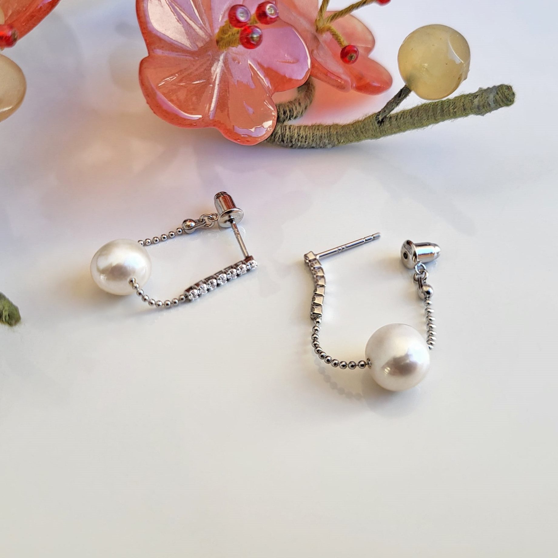 Schöner-SD Perlenohrringe Ohrringe feine Kette mit Süßwasserperle hängend 925 Silber, Steckverschluss