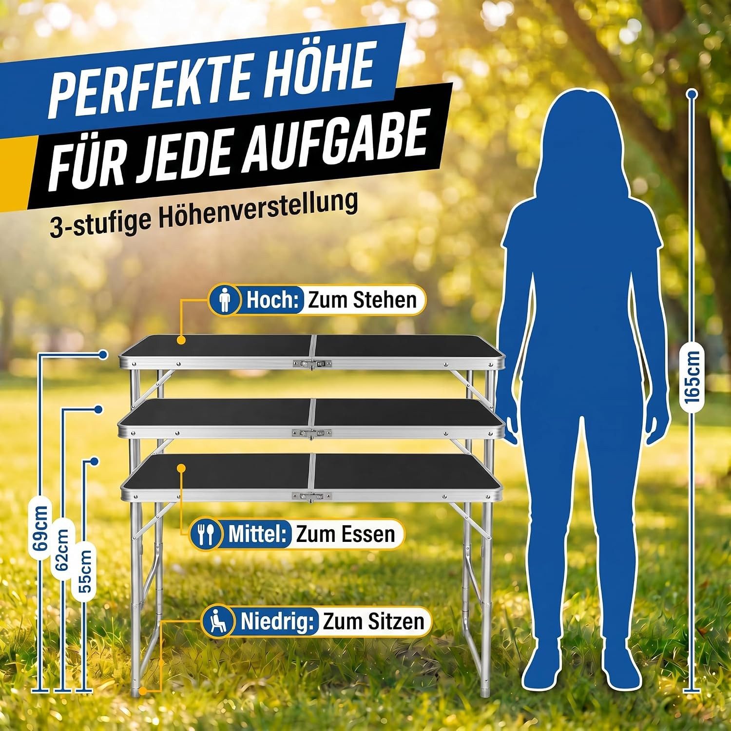 Goods+Gadgets Klapptisch Höhenverstellbarer Tisch Set mit 4 Stühlen Klapptisch Camping&Garten (Mehrzwecktisch, Campingtisch Markttisch), Multifunktionstisch mit – Bild 4 von 5