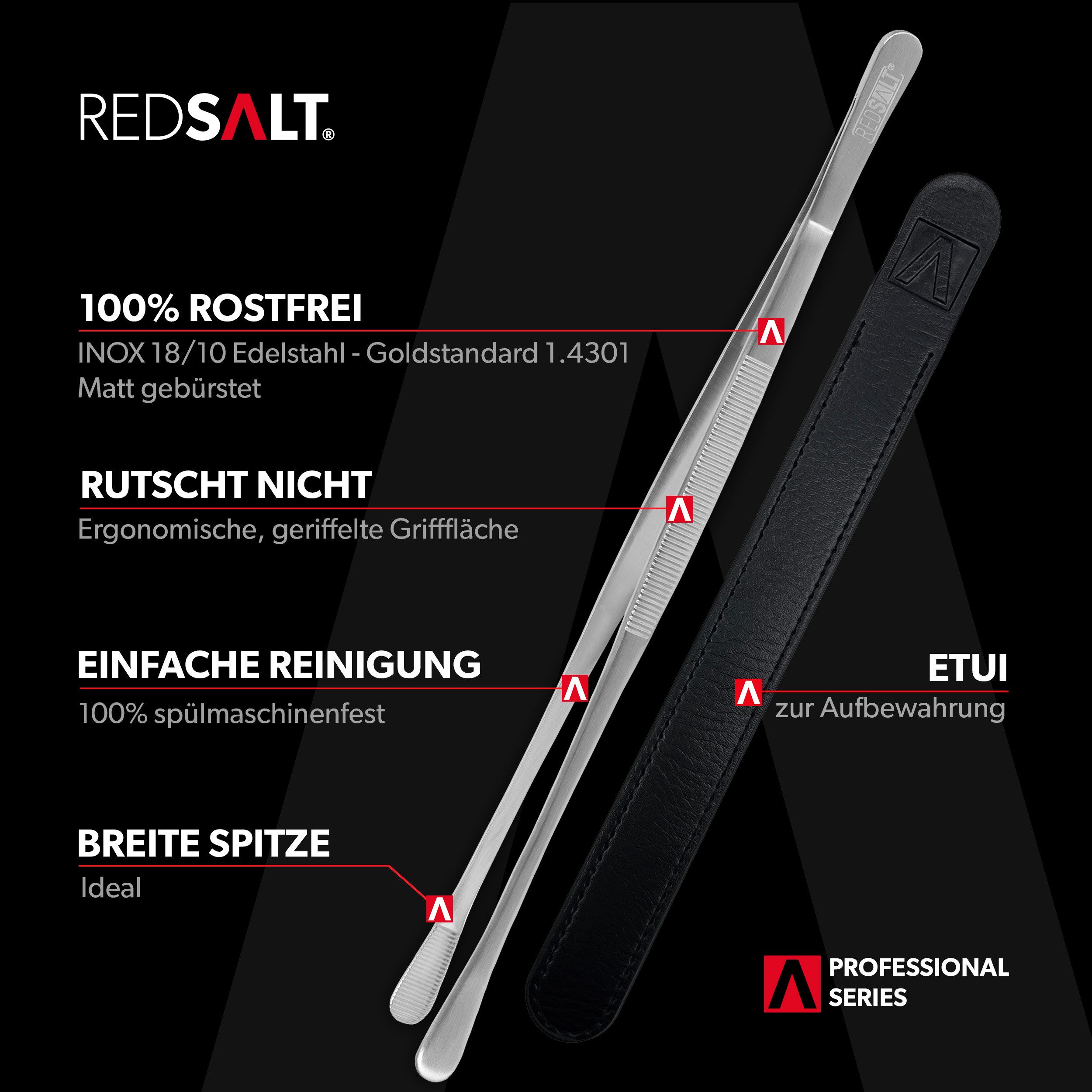 REDSALT® Kochpinzette Premium Küchenpinzette 30cm lang mit breiter Spitze spülmaschinenfest, Rostfreier Edelstahl in INOX 18/10 Qualität
