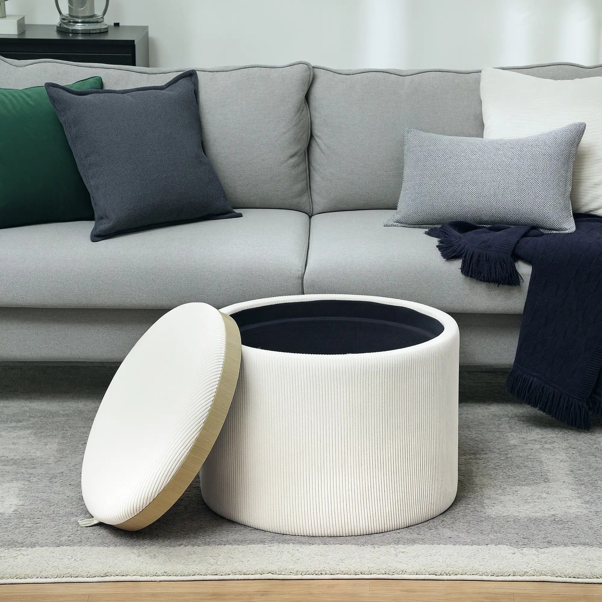 BlingBin Sitzhocker Couchtisch mit Stauraum, Runder Hocker mit Klappdeckel Leinenoptik (1 Stück, 1 St., 56cm x 56cm x 42cm), 56 x 56 x 42 cm Polsterhocker für Wohnzimmer, Schlafzimmer