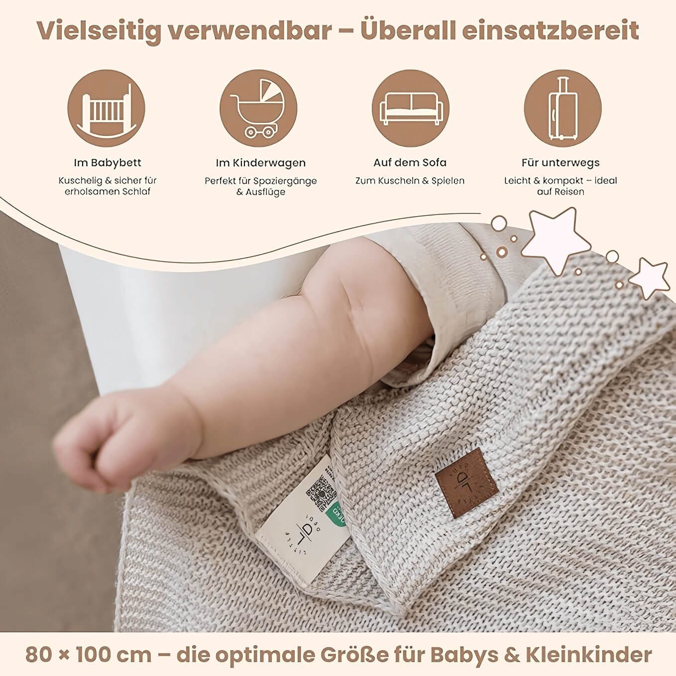 Babydecke Baby Strickdecke, Babydecke, Weich & Atmungsaktiv, 80x100cm, Beige, Little Dedi – Bild 4 von 5