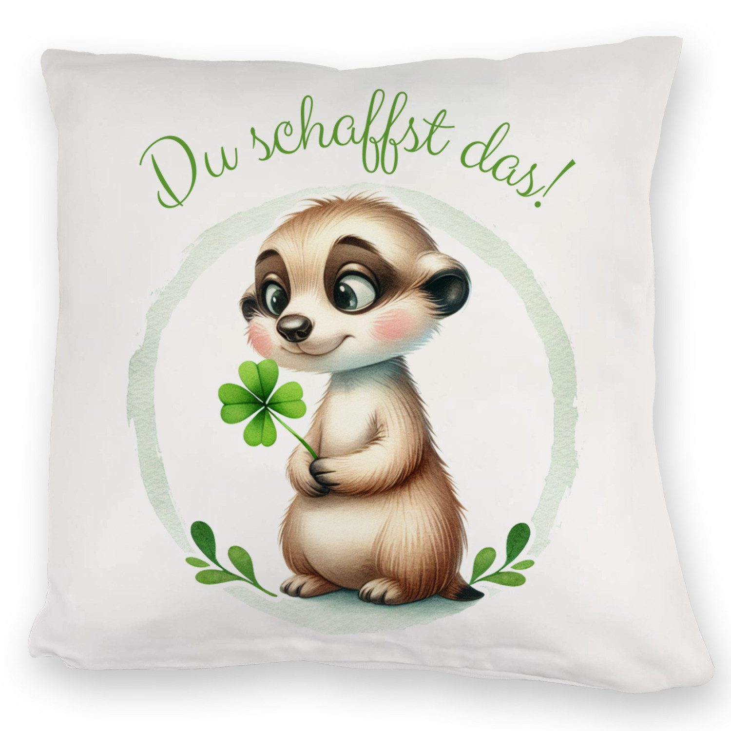speecheese Dekokissen Erdmännchen mit Kleeblatt Kuschelkissen mit Spruch Du schaffst das