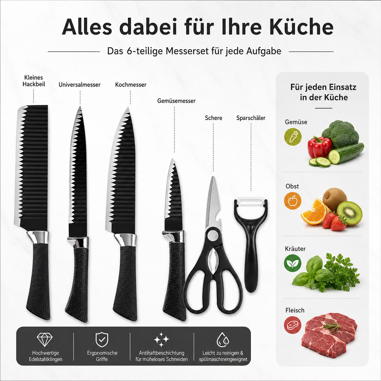 Diyarts Messer-Set (Hochwertiger Edelstahl für langlebige Schärfe, 6-tlg., ergonomische Polypropylen-Griffe für maximalen Komfort), modern, präzise Schnitte dur – Bild 3 von 5