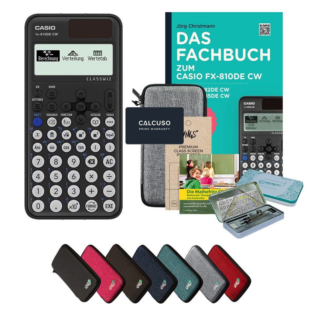 CASIO Taschenrechner fx-810DE CW - Premium Set inkl. Schutztasche Hellgrau & Fachbuch uvm.