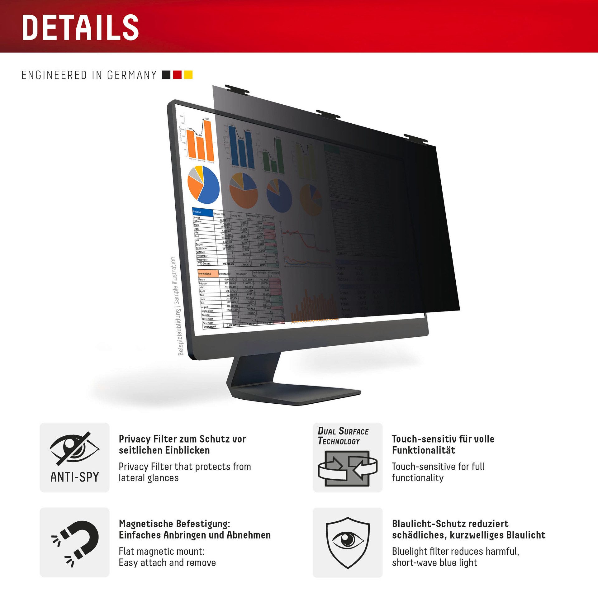 Displex Displayschutzfolie Privacy Safe Blickschutzfilter für Universell für Monitore mit 21,5 (16:9), Blickschutzfolie, Schutzfolie, Bildschirmschutz, kratz- & stoßfest
