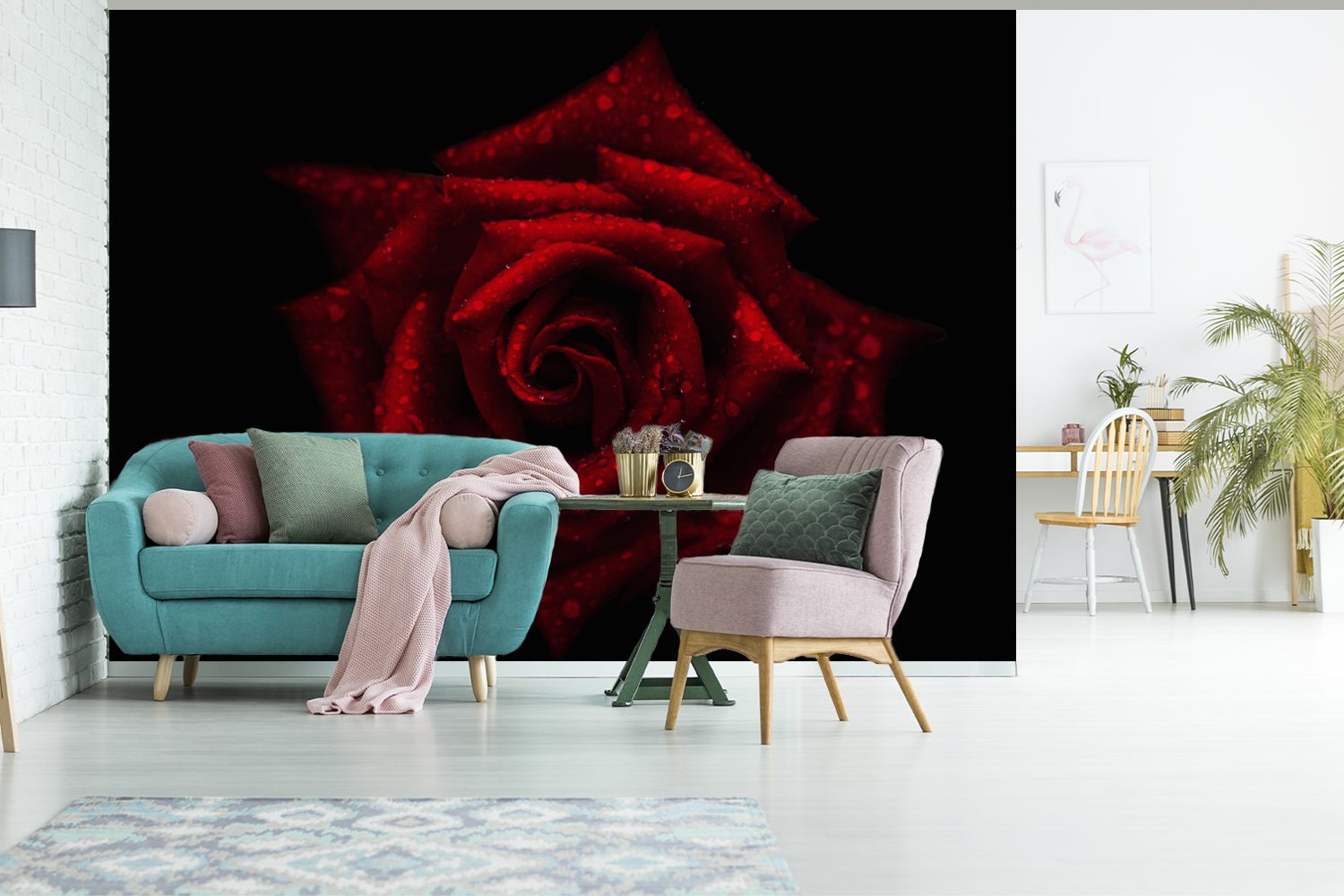 Wohnzimmer, schwarzem Hintergrund, für Rosenblüten vor Vinyl Montagefertig St), Matt, Die Wandtapete Fototapete (5 feuchten Tapete MuchoWow bedruckt,