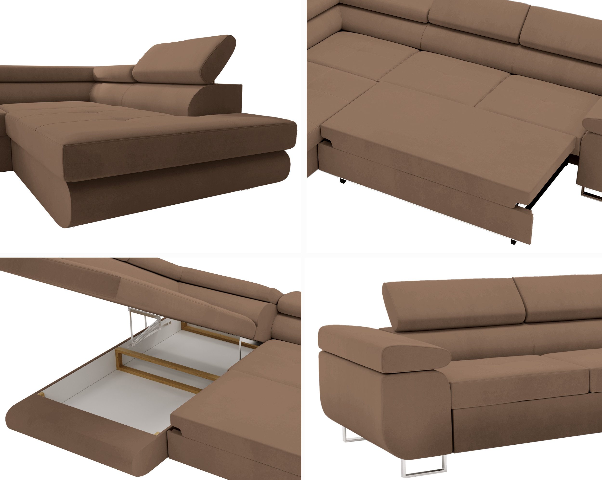 Goldstoff Ecksofa mit Schlaffunktion & Bettkasten - hochwertiges Sofa, Couch mit Schlaffunktion für Wohnzimmer - Schlafsofa - Eckcouch, Eckcouch mit praktischem Bettkasten in braun