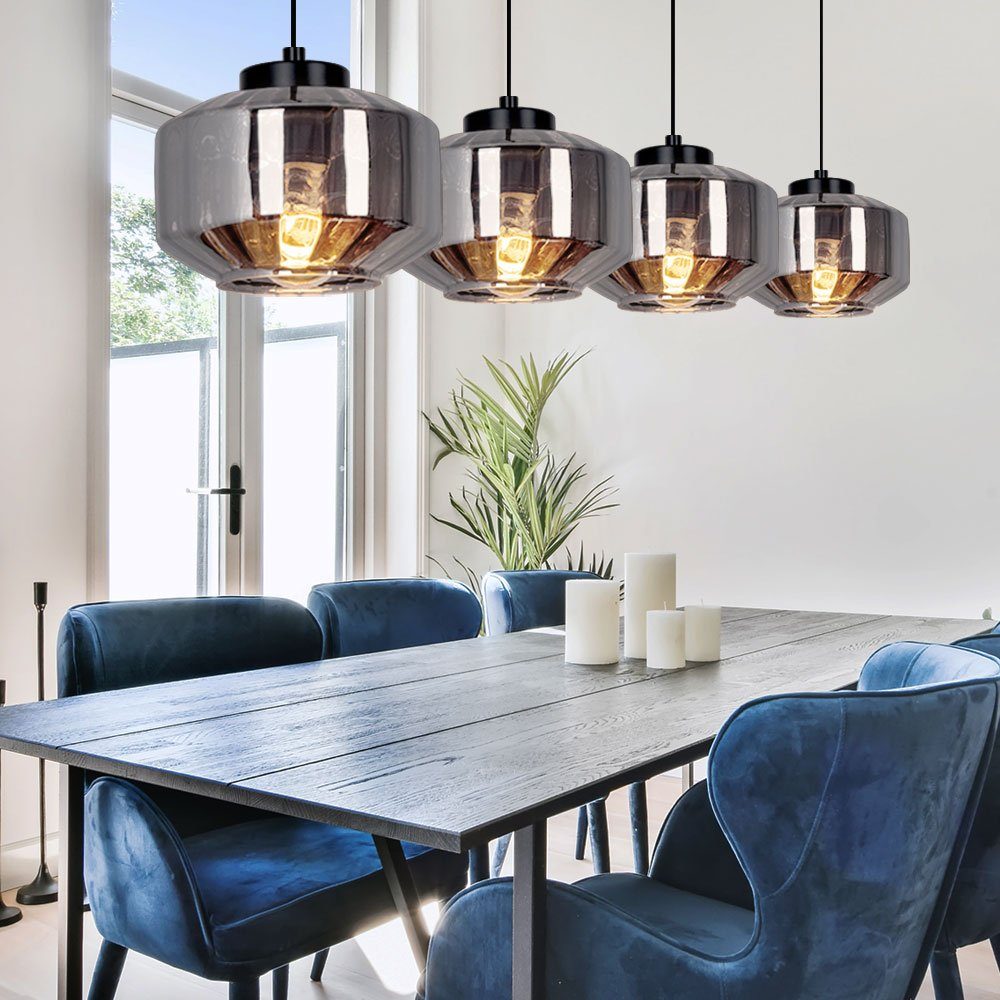 GLOBO LIGHTING LED-Hängeleuchte, Leuchtmittel inklusive, Warmweiß, Hängelampe Esszimmerlampe Pendelleuchte 4 Flammig Rauchglas Retro LED