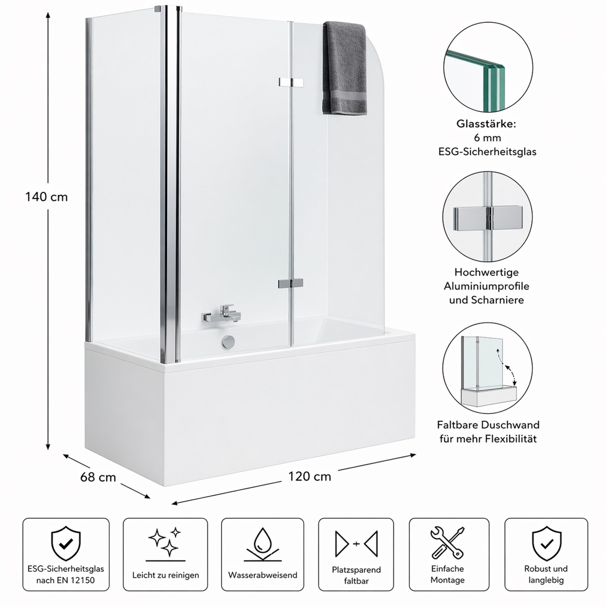 Mucola Badewannenaufsatz Eck Duschabtrennung Badewannenaufsatz Badewannenfaltwand Duschkabine, Aluminium, Glas, (Stück, 1 tlg)