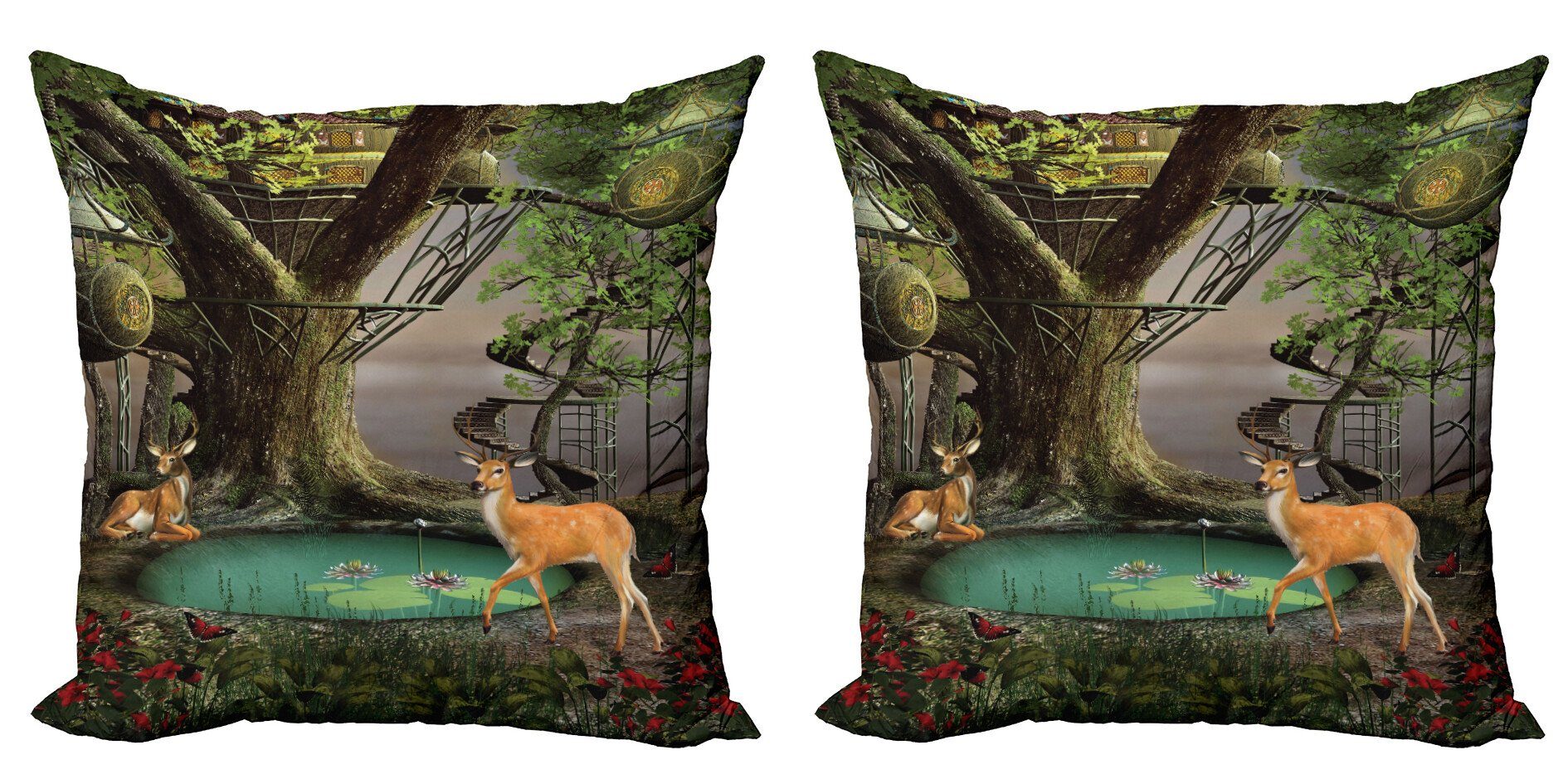 Accent Doppelseitiger House Tree Kissenbezüge Digitaldruck, Natur (2 Abstrakt und Abakuhaus Modern Stück), Deer