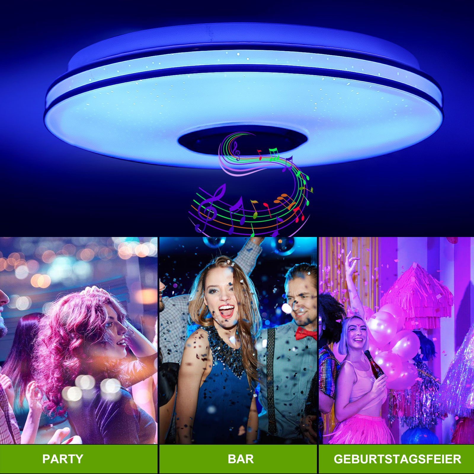 oyajia Deckenleuchte 36W RGB LED Deckenleuchte mit Bluetooth Lautsprecher,  APP Dimmbare, LED fest integriert, RGB Farbwechsel (3000~6500K),  Deckenlampe Dimmbar mit Fernbedienung oder APP, RGB Deckenleuchte