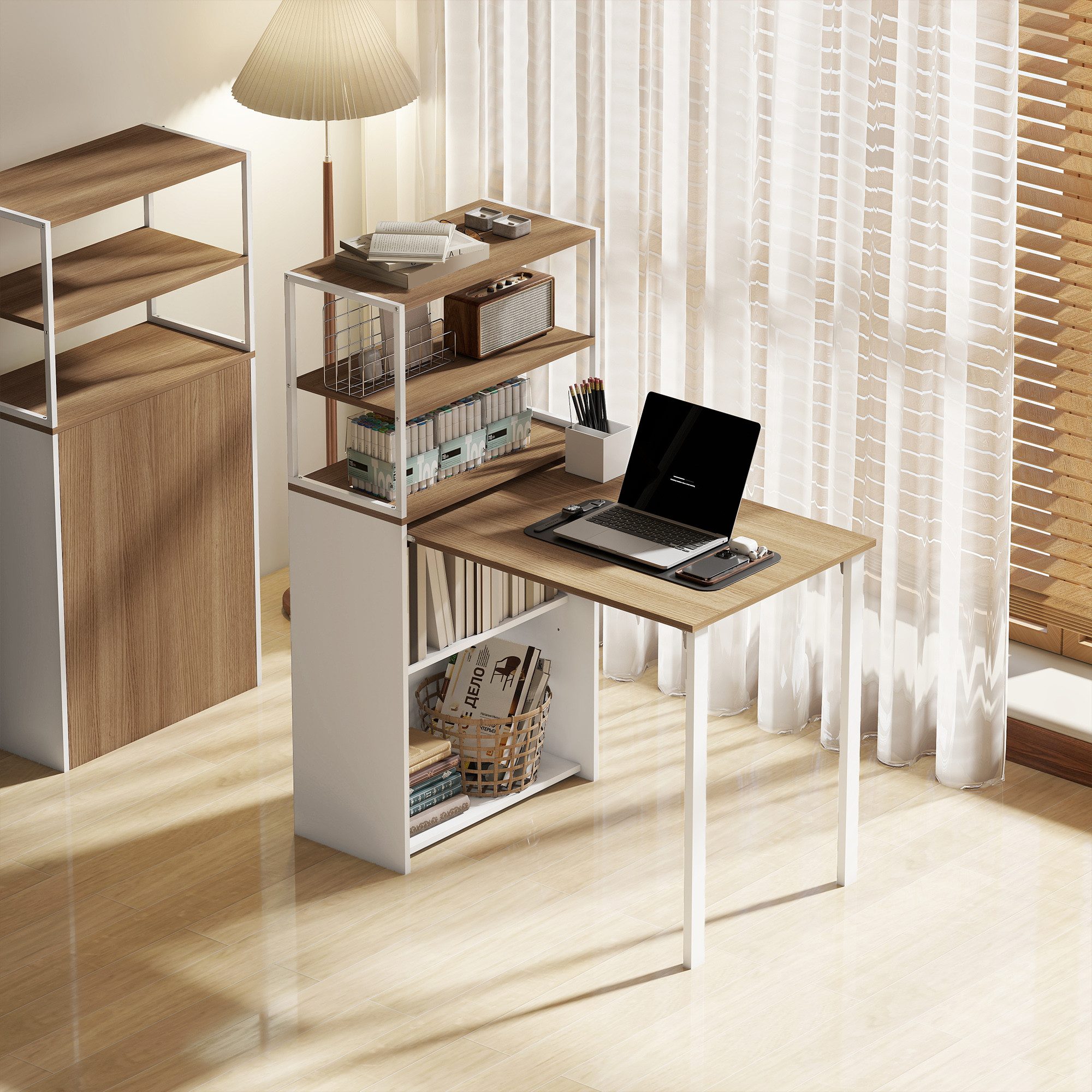 HOMCOM Schreibtisch Klappbarer Küchentisch mit 4 Regal Arbeitstisch Büroregal (Computertisch, 1-St., Schreibtisch mit 4 Regale), für Arbeitszimmer, Wohnzimmer, Naturholz