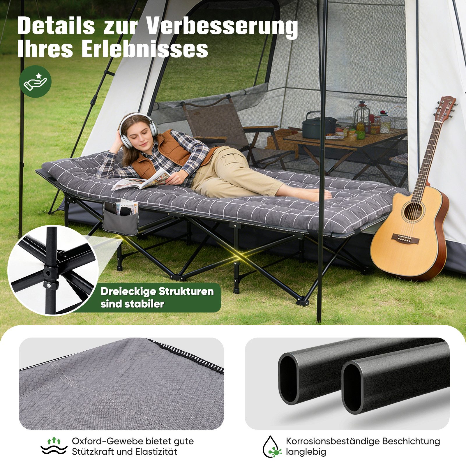 Sekey Feldbett 190cm x 71cm Campingbett Klappbar mit Matratze Gästebett Klappbett Tragbares Campingliege bis 200kg, Kariert, für Outdoor, Indoor, Reisen