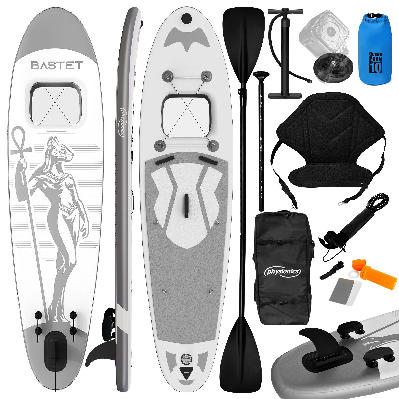 Physionics SUP-Board Stand Up 305cm Board Paddle Bastet(Silber) Aufblasbares SUP Board