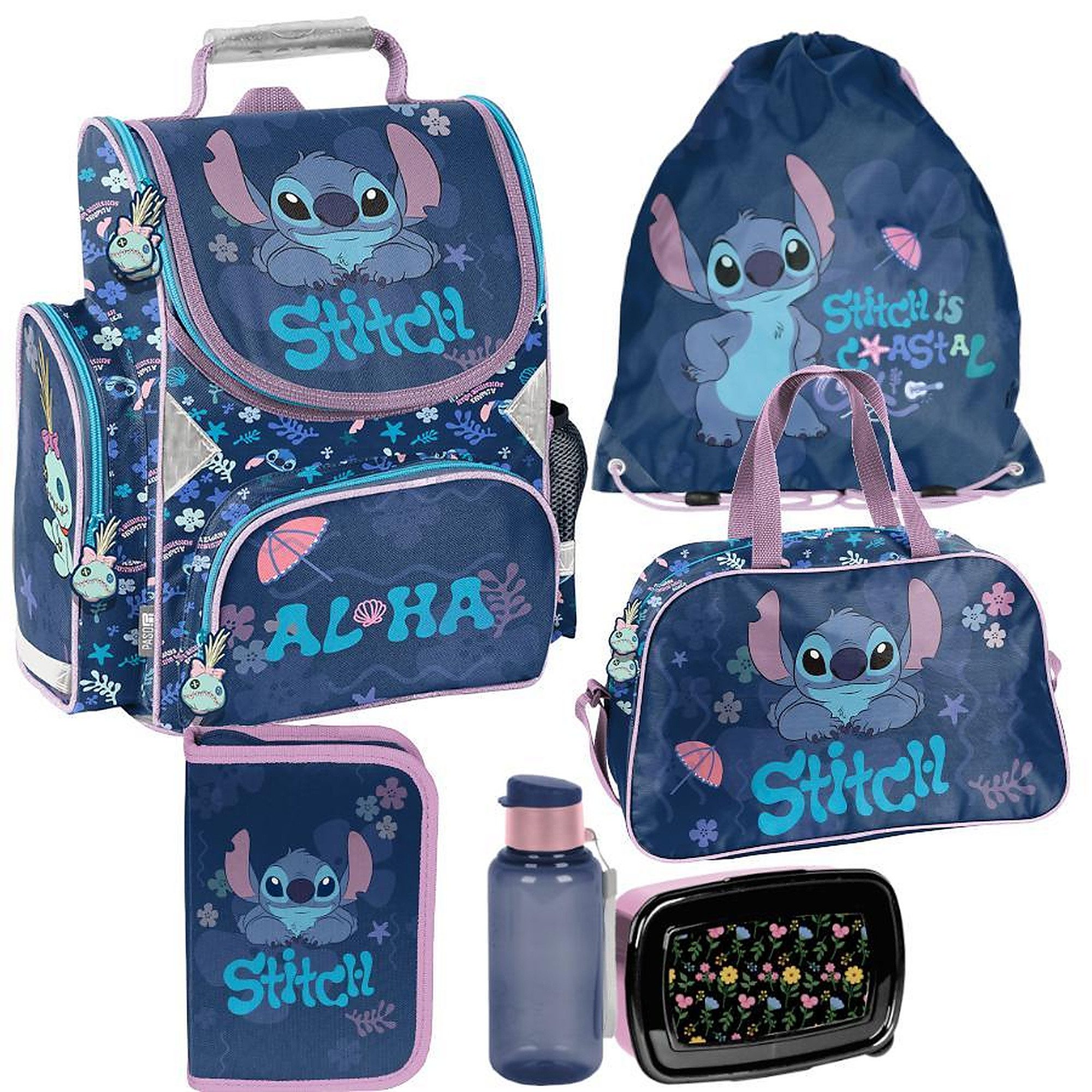 PASO Schulrucksack (Schulset, 6-tlg), Stitch, 6-tlg. Set, Blau