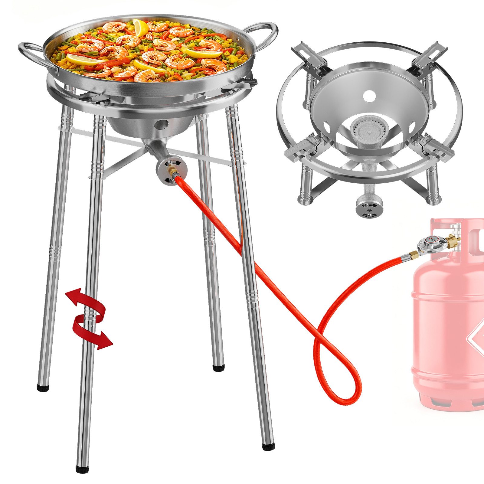HOMELUX Gaskocher Paellaset Gasbrenner, 3,8 kW Propan Kochsystem Komplett Set für Paella, (Set, 2-St., mit Schlauch 150 cm und 30 mbar Gas Regler Druckminderer), mit 41cm Paellapfanne, Windschutzscheibe, für Wok, Grillplatte