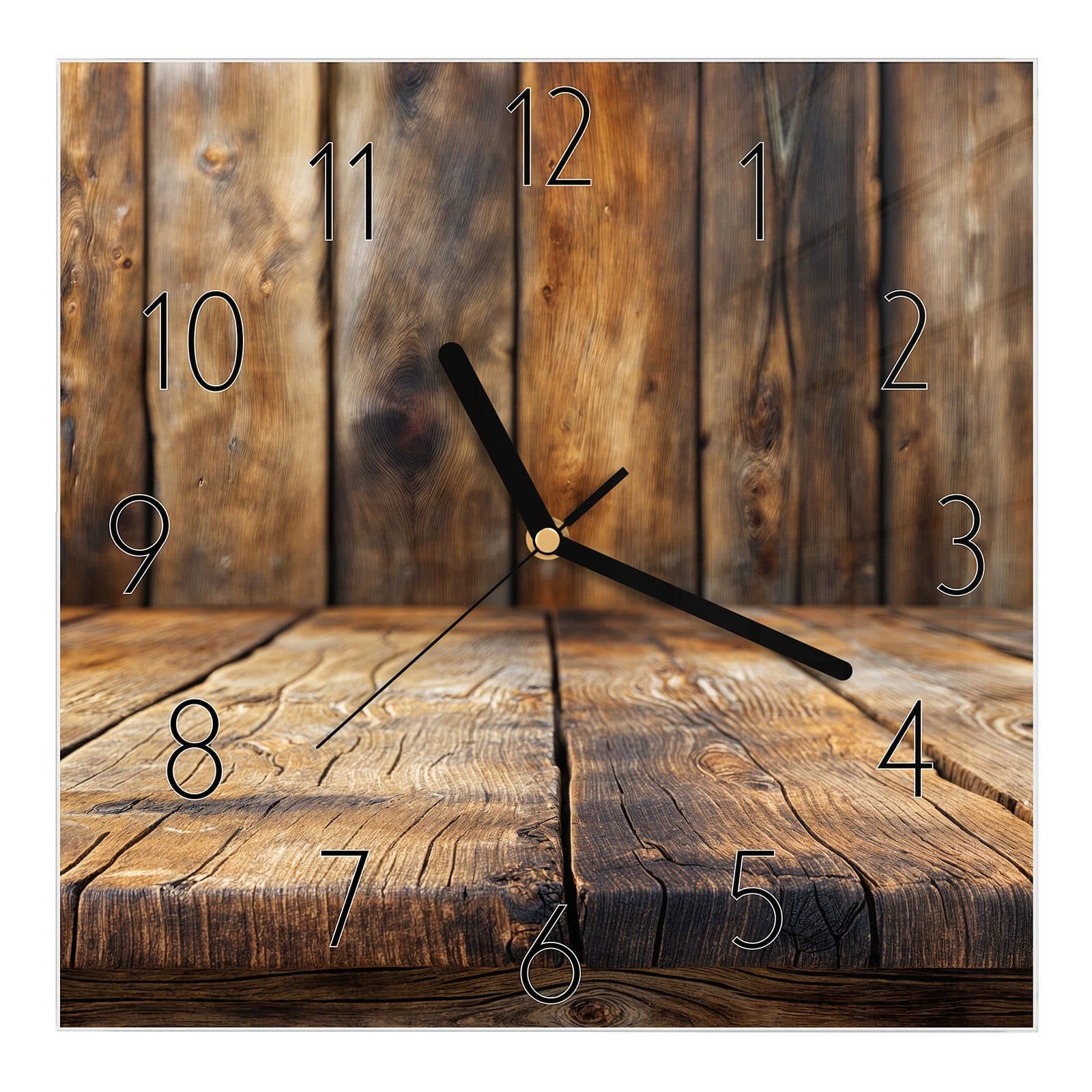 Wanduhr Glasuhr Wanduhr Wandkunst Größe 30 x 30 cm mit Motiv Holzbodenoptik