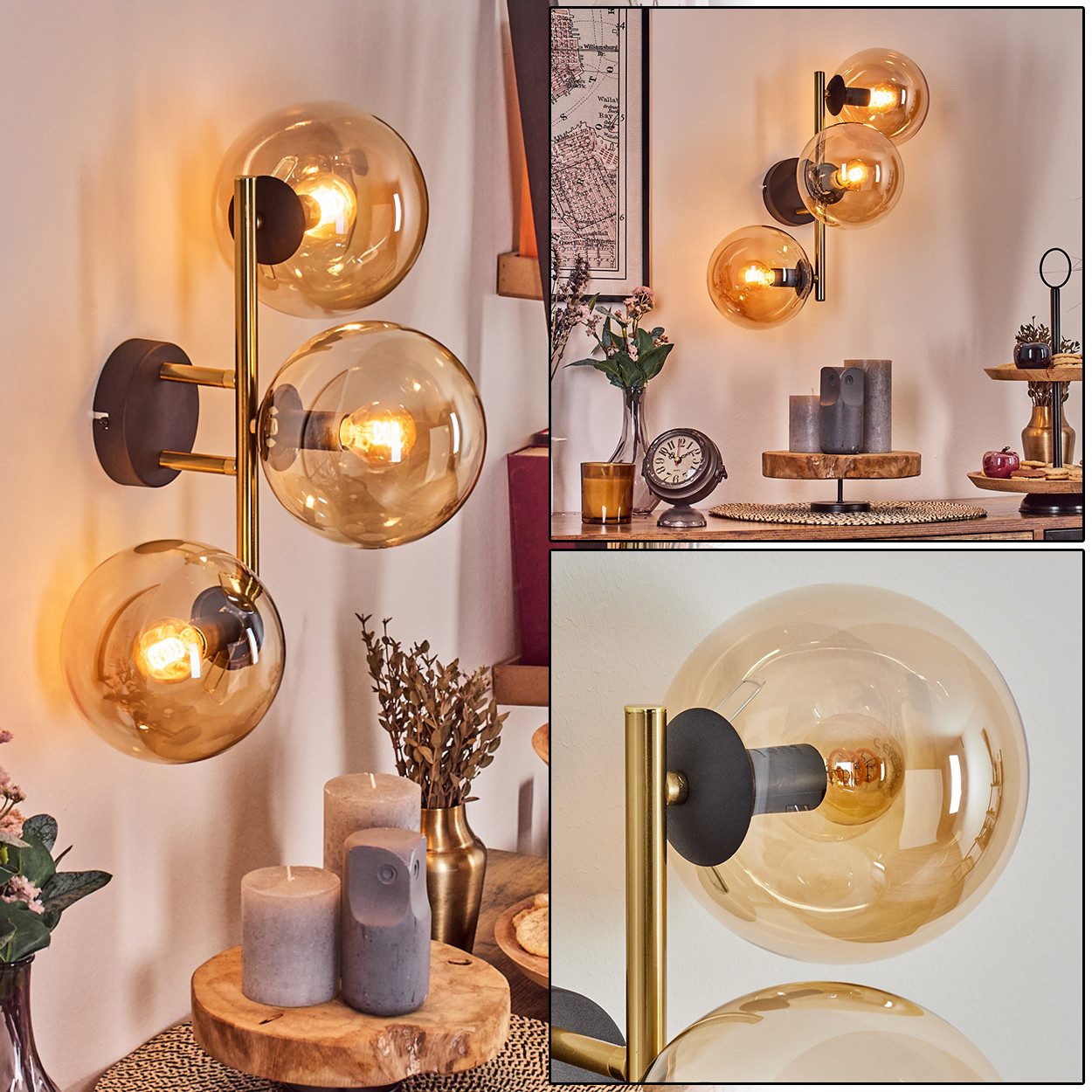 hofstein Wandleuchte Wandlampe aus Metall/Glas in Schwarz/Gold-/Bernsteinfarben, moderne Wandleuchte im Retro/Vintage-Design (Schirme 15 cm), E14