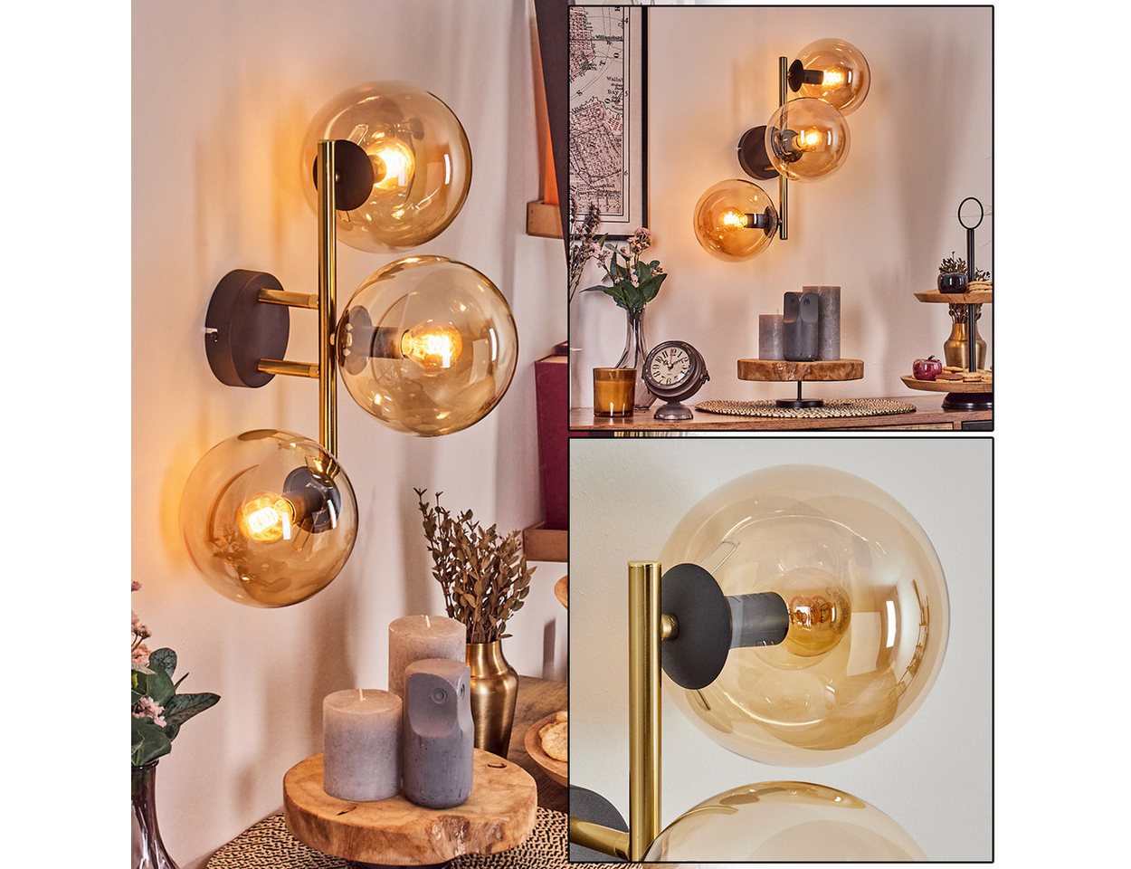 hofstein Wandleuchte Wandlampe aus Metall/Glas in Schwarz/Gold-/Bernsteinfarben, moderne Wandleuchte im Retro/Vintage-Design (Schirme 15 cm), E14