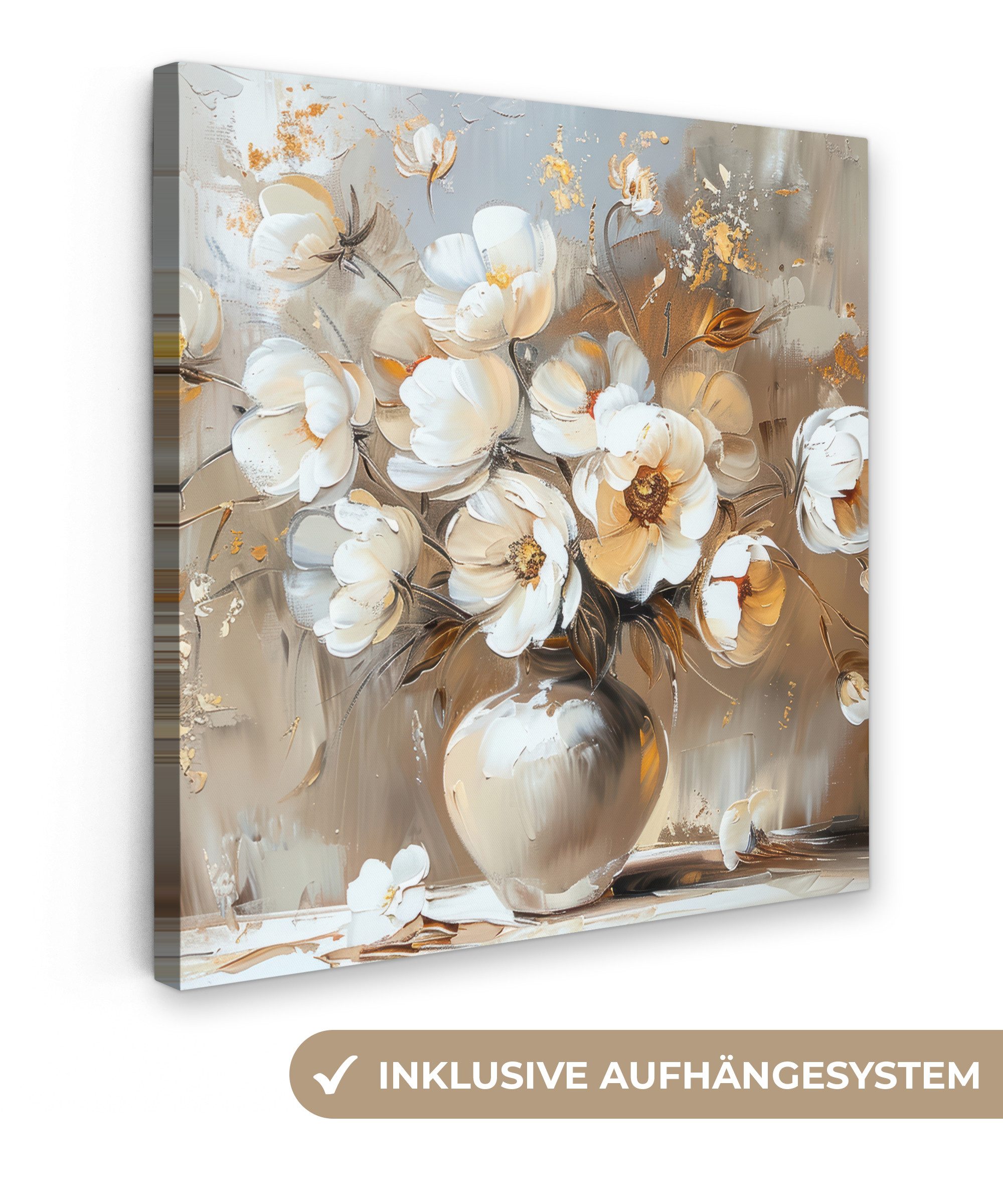 OneMillionCanvasses® Leinwandbild Vase - Blumen - Kunst - Gold, Fotodruck (1 St), Wandbild, Deko Schlafzimmer Wohnzimmer Flur 20x20 cm