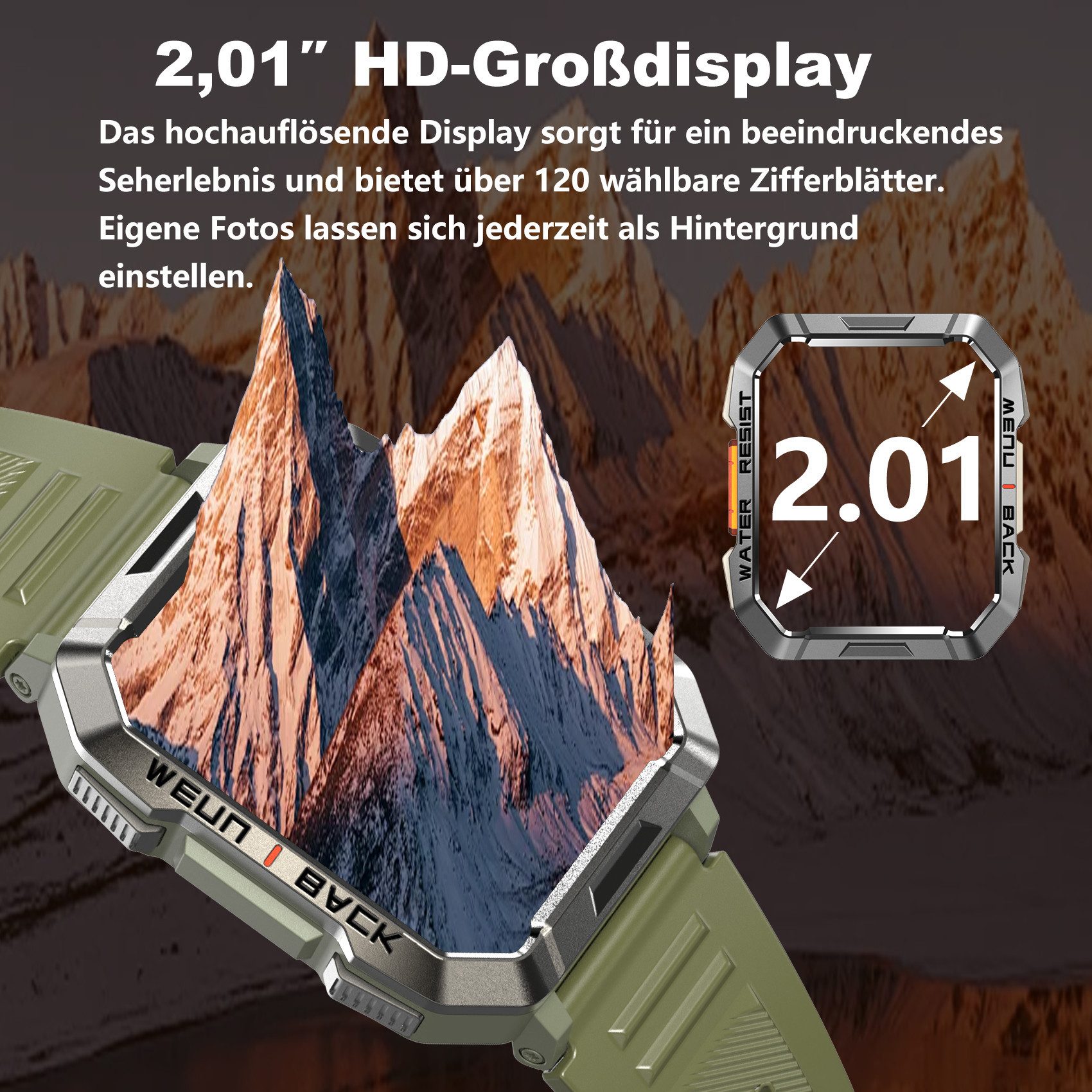 blackview Smartwatch Herren Militär,LEDTaschenlampe/Kompass/2 Armbänders/Outdoor Smartwatch (2.01 Zoll, iOS/Android), 2 Armbänder 1 Ladekabel, Anruffunktion,30Tage Akkulaufzeit,Schrittzähler,Wettervorhersagen,IP68